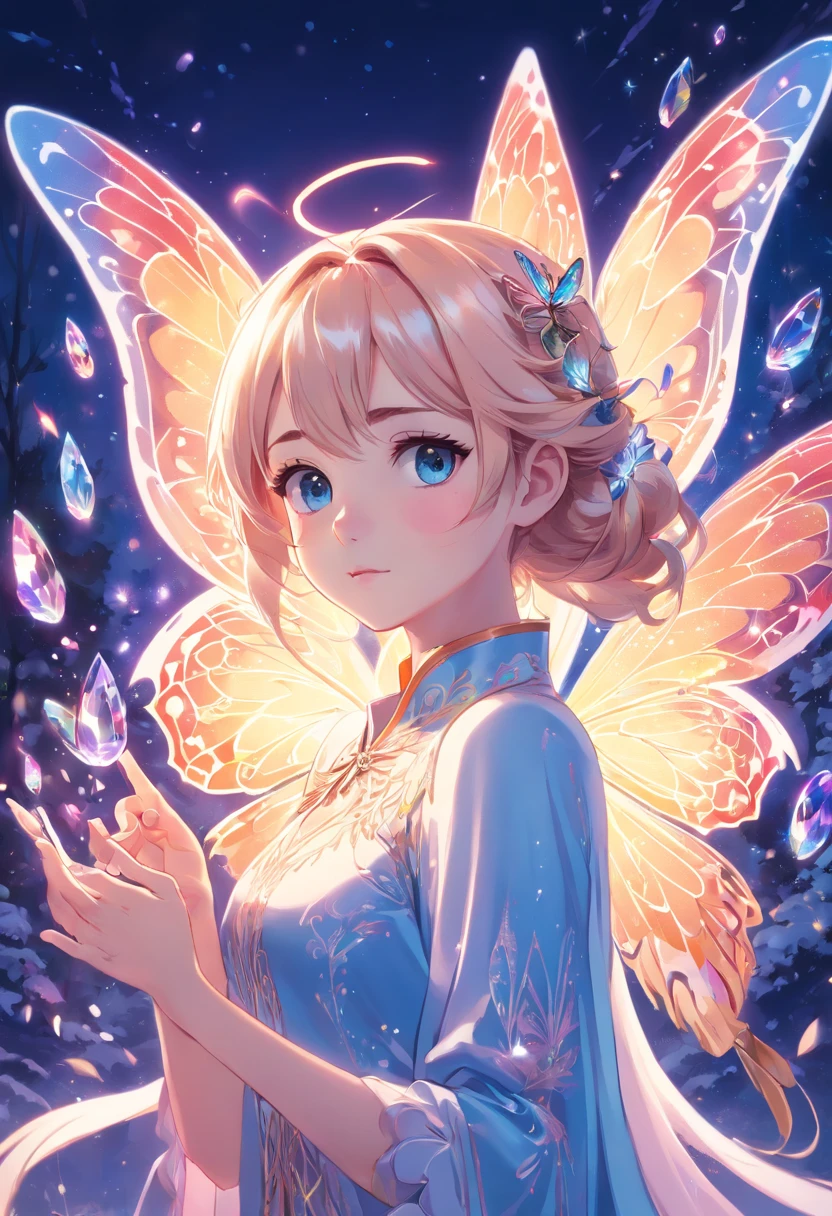 Holy Light Butterfly Angel Girl,Butterfly wings,Chest shooting(mcu),in the style of rococo pastel hues,light white and light red,Incredibly beautiful,SakuraNS,sparkling water reflections,combine,Flowing,hyper realisitc,painting of a,aethereal,Elsa Burda,stockphoto,Elements of mixed reality and fantasy,Ray traching,Intricate patterns,delicate linework,Pressed crystals,Exquisite hands