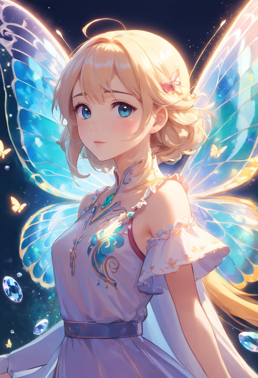 Holy Light Butterfly Angel Girl，Butterfly wings，Chest shooting(mcu)，in the style of rococo pastel hues，light white and light red，Incredibly beautiful，SakuraNS，sparkling water reflections，combine，Flowing，hyper realisitc，painting of a，aethereal，Elsa Burda，stockphoto，Elements of mixed reality and fantasy，Ray traching，Intricate patterns，delicate linework，Pressed crystals，Exquisite hands