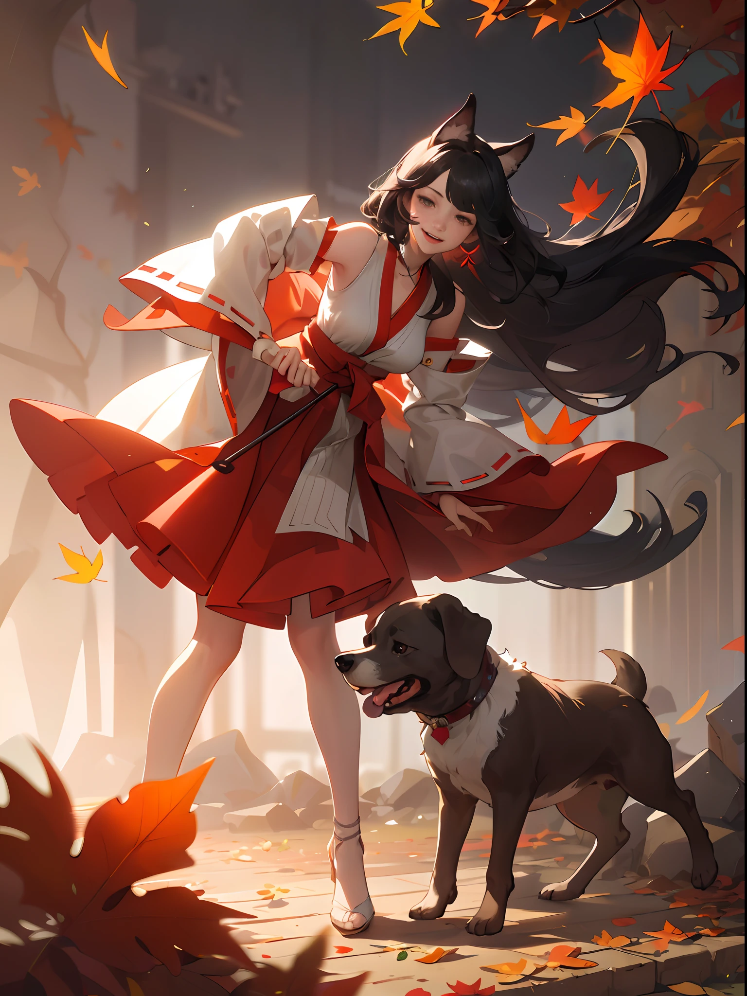 best quality, (masterpiece:1.35), wallpaper, (illustration), original, (depth of field), (1girl:1.35), (solo), full body, dynamic, detailed face,mature female, adult, (old:1.3), Medium breasts, Amused, happy,miko clothing, flower trim,absurdly long hair, black hair,dog ears volumetric lighting, fall leaves, Tyndall effect,