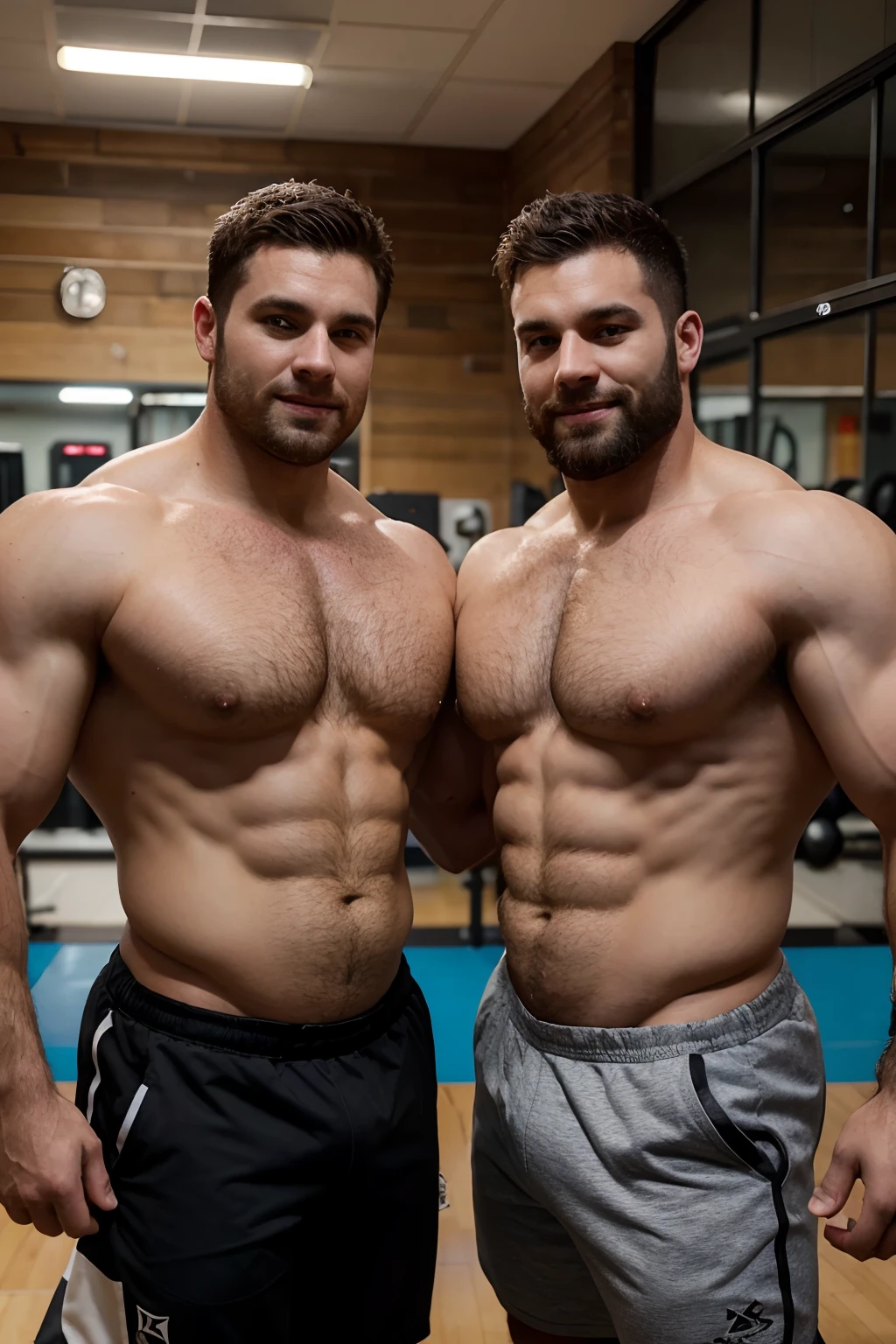 Two much bulkier, corpulent but muscled, and hairier 30-year-old men standing next to each other in a gym filled with workout machines. One man has a very hairy chest, and the other is shirtless. They are both smiling at the camera, looking extremely sweaty from their workout. The image is in a photorealistic style. They both have more hair on their chests. They are handsome. Their biceps are bigger. photorealistic, best quality, masterpiece, illustration, extremely detailed, best quality, ultra-detailed, highres
