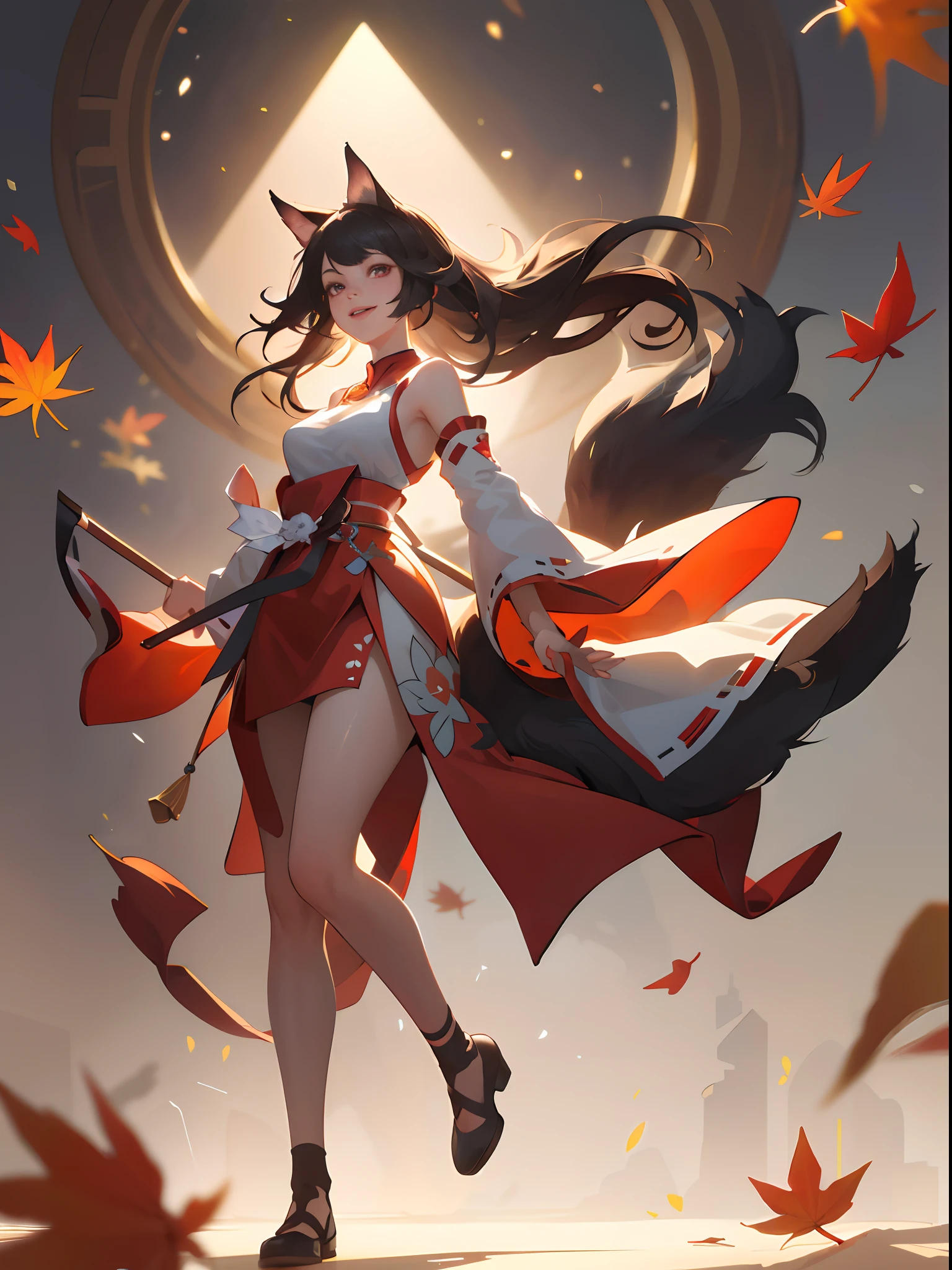 best quality, (masterpiece:1.35), wallpaper, (illustration), original, (depth of field), (1girl:1.35), (solo), full body, dynamic, detailed face,mature female, adult, (old:1.3), Medium breasts, Amused, happy,miko clothing, flower trim,absurdly long hair, black hair,dog ears volumetric lighting, fall leaves, Tyndall effect,