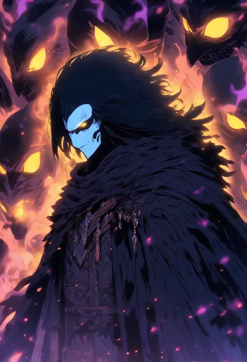 A white mask appears over a cloak of raven feathers that completely conceals his body. This guy is holding a heavy crossbow and his eyes are yellow, contrasting with the night around him. He remains hidden in the shadows. He dresses completely in black and the only thing you can see is his white mask and his deep yellow eyes. 80s anime still, retro fashion, dungeon and dragons character dark fantasy digital art muted pastel colors, muted retro colors, CRT tv display by Tsukasa Hojo and Toshihiro Kawamoto -