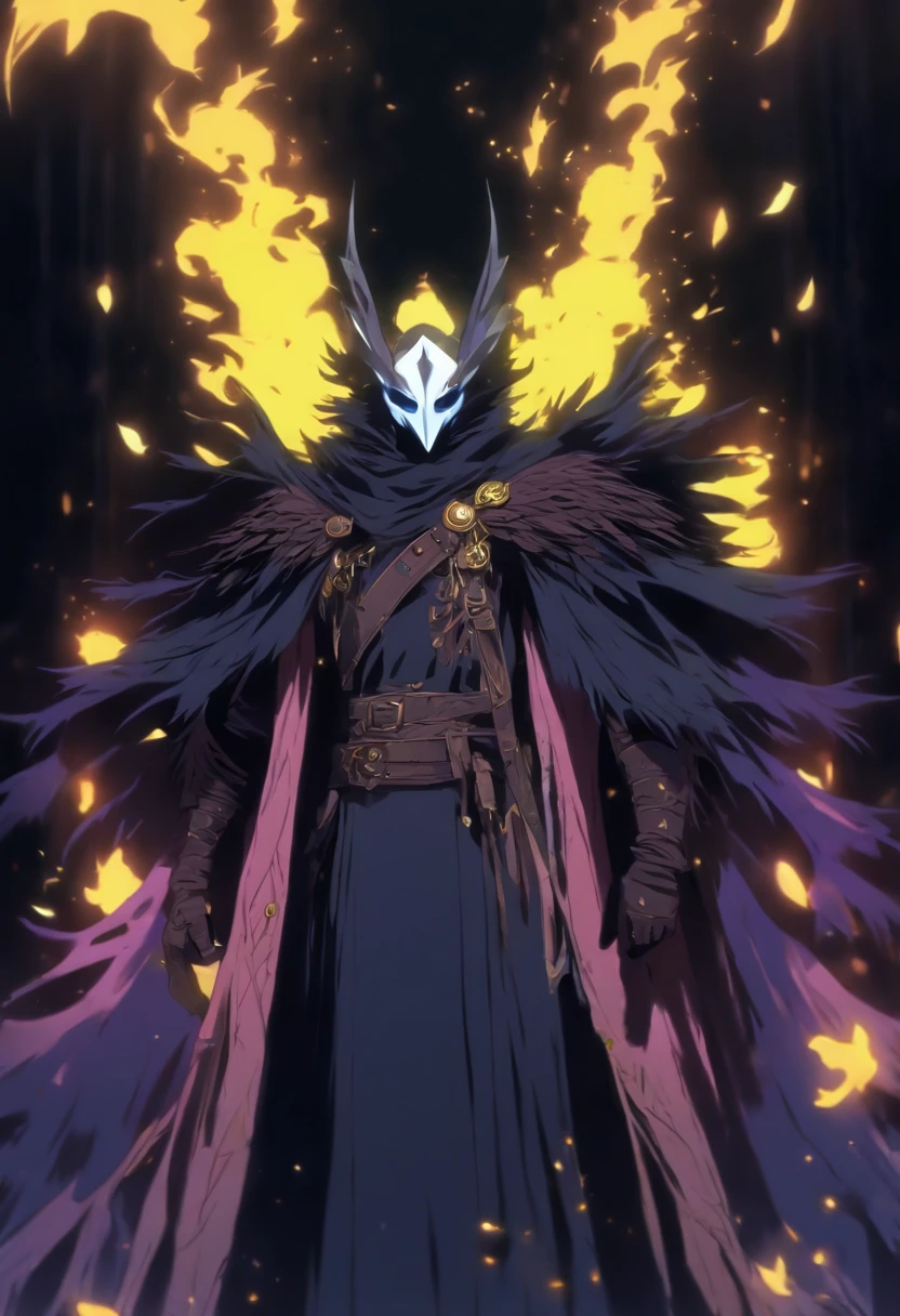 A white mask appears above a cape of raven feathers that completely hides his body. This guy holds a heavy crossbow and his eyes are yellow, contrasting with the night around him. He remains hidden in the shadows and stares at the sky. front, between the shadows, 80s anime still, retro fashion, dungeon and dragons character dark fantasy digital art muted pastel colors, muted retro colors, CRT tv display by Tsukasa Hojo and Toshihiro Kawamoto -