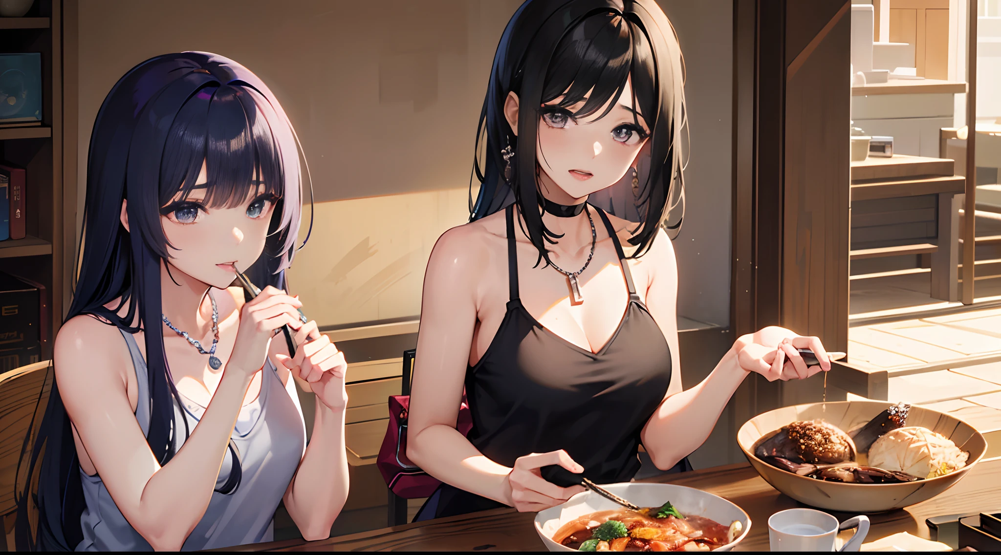 (highest quality、High resolution、detailed background)、(Highly detailed beautiful face:1.4)、Beautiful woman in her 20s、(three women:1.2)、braided bob、braided ponytail、braided hairstyles、(huge breasts:1.3)、realistic、perfect body line、thick thighs、Attractive big ass、Healthy and beautiful、cute gesture、cute、Highlight your attractive buttocks、Emphasize feminine silhouetteake your body line look beautiful、Accentuate your attractive big butt、cute、

Enjoy the sexy atmosphere by throwing a party with your friends、
Trying on new lingerie、You can feel confident and feminine、
Women enjoying each other&#39;s sexy side、Create a relaxing atmosphere、

Exchange lingerie sets to try them on and discuss your favorite brands and designs.、
Enjoy a relaxing time with friends and enjoy delicious food and drinks.、cute gesture、cute