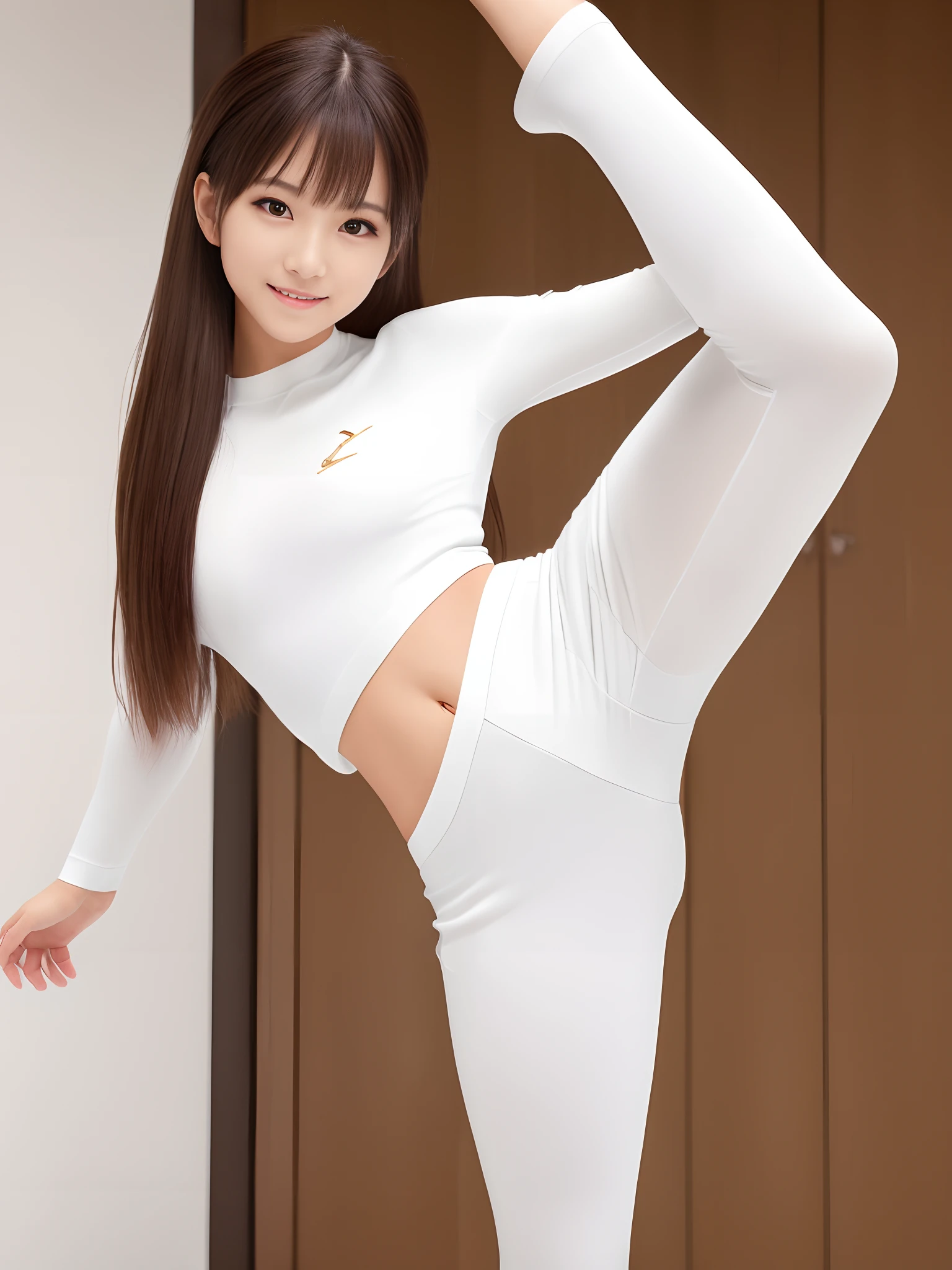 (Photorealsitic)(), Perfectly beautiful woman, (Full body 8K portrait), Large and dynamic hand and foot movements, White Karate Uniform, White karate pants, Large bust,Stand alone, Large and dynamic hand and foot movements, Make a high side kick, Correct skeleton, Perfect facial detail, (Smile: 1.15), attractive beautiful face, gazing at viewer, a small face, 二重まぶた, Beautiful detailed eyes, long eyeslashes, ligh brown hair, poneyTail, Toned waist, Beautiful thin legs, toned ankles, bare-legged ,TOKYOcty