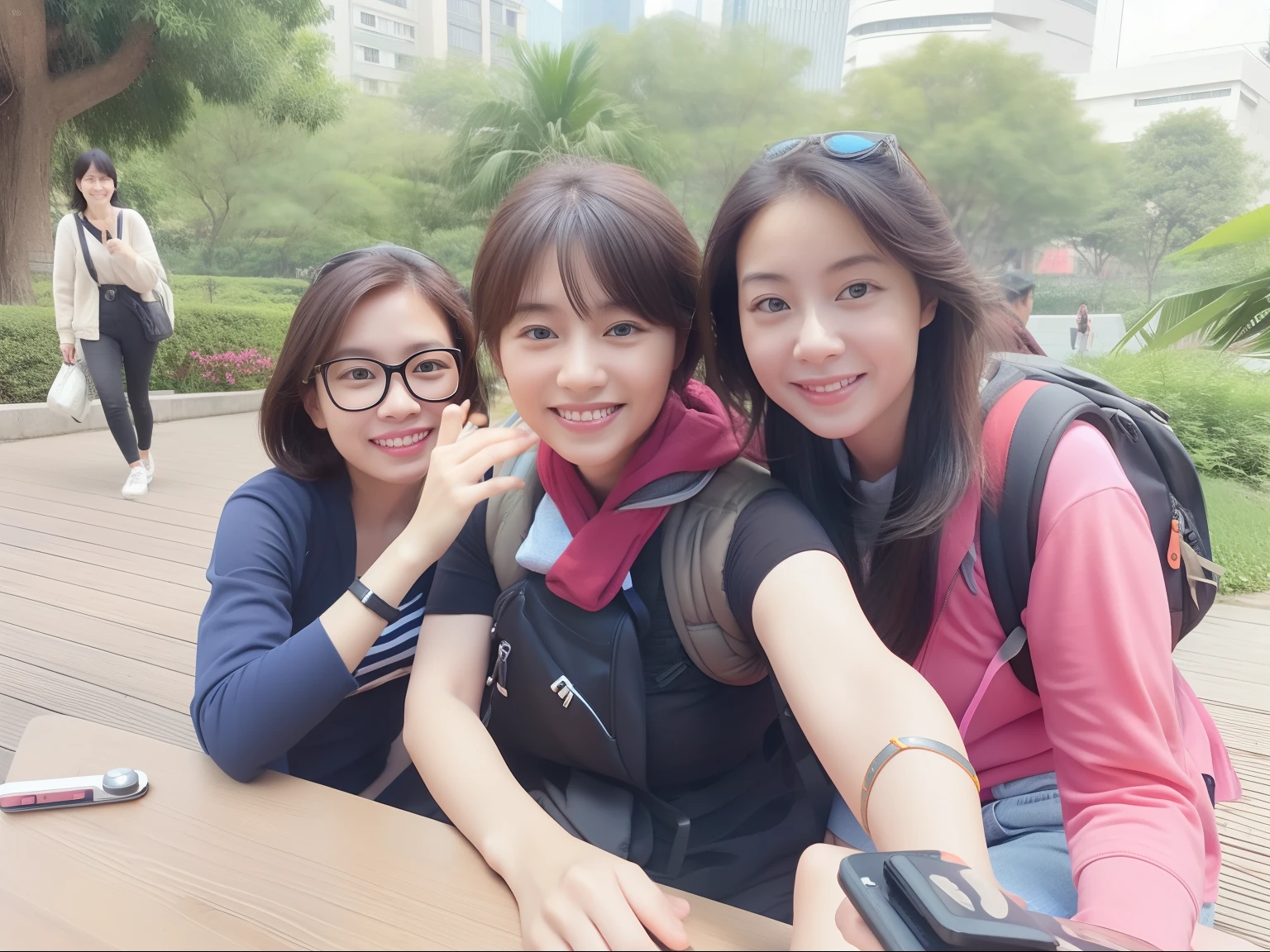three women sitting at a table with a backpack and a cell phone, with many travelers, 3delight, in hong kong, vacation photo, blog-photo, selfie photo, photo ( far _ shot ), a picture, having a great time, mom, at a park, photo taken with nikon d 7 5 0, photo taken with nikon d750