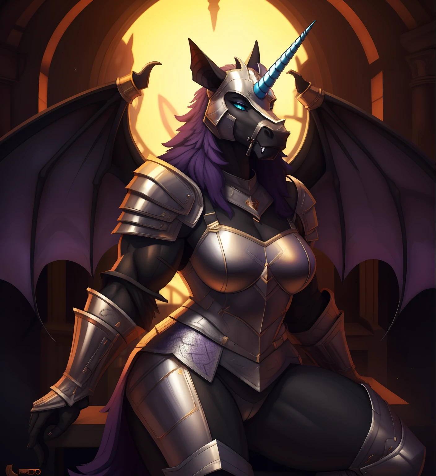 Tall_lanky_muscular_mature_unicorn female dark_purple_mane black_furry_body teal_eyes slit_pupils majestic solo Masterpiece best_quality absurdres highly_detailed silver_heavy_plate_armor silver_helmet cleanly_drawn_eyes fangs bat_wings purple_eyeshadow horse_snout anthro_only by_claweddrip, by_greasymojo, by_underscore-b, by_runawaystride