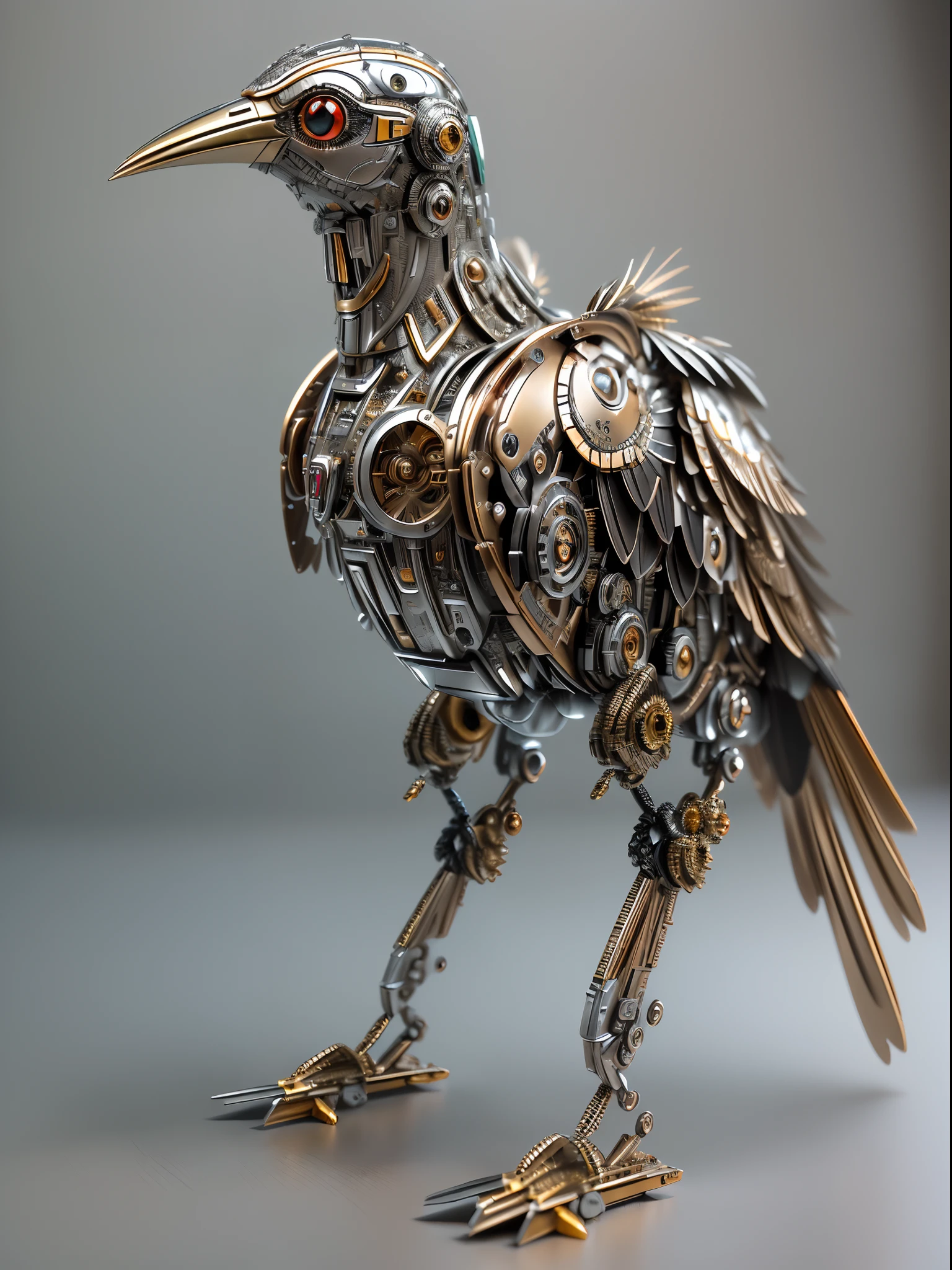 I'll generate a digital 3D art of a bird-like robot made entirely of small metal parts with at least 10 details:
- (masterpiece, 3D digital art:1.3)
- (a bird-inspired robot composed of intricately detailed metal components:1.2)
- (the metallic parts gleam with a polished sheen, reflecting the surrounding light:1.2)
- (feathers crafted from finely etched metal plates, each with individual textures:1.2)
- (the bird's mechanical wings in mid-flight, showcasing intricate joints and rivets:1.2)
- (ruby-red gemstone eyes that add a touch of brilliance and life to the robot:1.2)
- (meticulously designed talons, each with articulated joints for a lifelike appearance:1.2)
- (the robot perched on a rustic, textured surface, emphasizing the contrast between nature and technology:1.2)
- (ultra photorealistic, highlighting the precision and craftsmanship of the metallic avian creation:1.3)
- (an extraordinary 3D art piece that merges the worlds of nature and technology, depicting a robotic bird of stunning detail and complexity:1. 3)