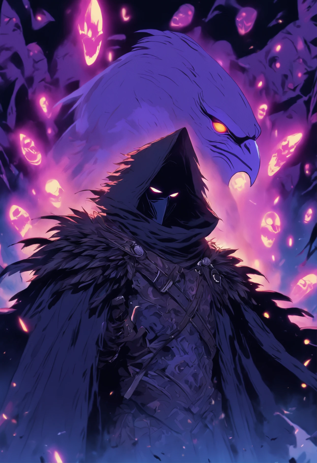 A white mask appears over a cloak of raven feathers that completely conceals his body. This guy is holding a heavy crossbow and his eyes are yellow, contrasting with the night around him. He remains hidden in the shadows. He dresses completely in black and the only thing you can see is his white mask and his deep yellow eyes. 80s anime still, retro fashion, dungeon and dragons character dark fantasy digital art muted pastel colors, muted retro colors, CRT tv display by Tsukasa Hojo and Toshihiro Kawamoto -