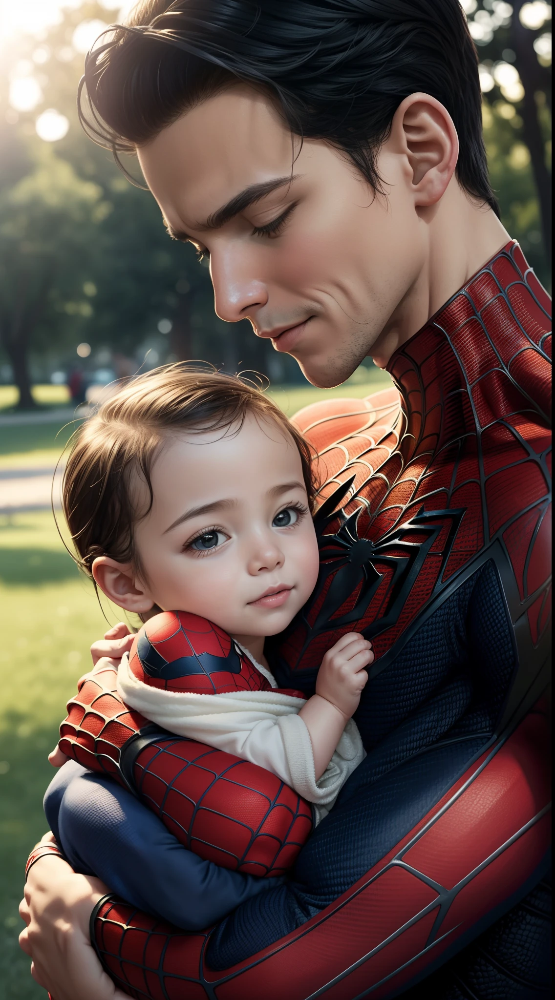 a heartwarming scene of spiderman with 1 , spiderman in a gentle and nurturing pose, holding a babyh care and warmth, realism, facial expression and the innocence of the baby, idyllic and peaceful setting, a park with an American flag in the background, soft and warm lighting, close-up, 135mm+ camera lens, intricate detail,