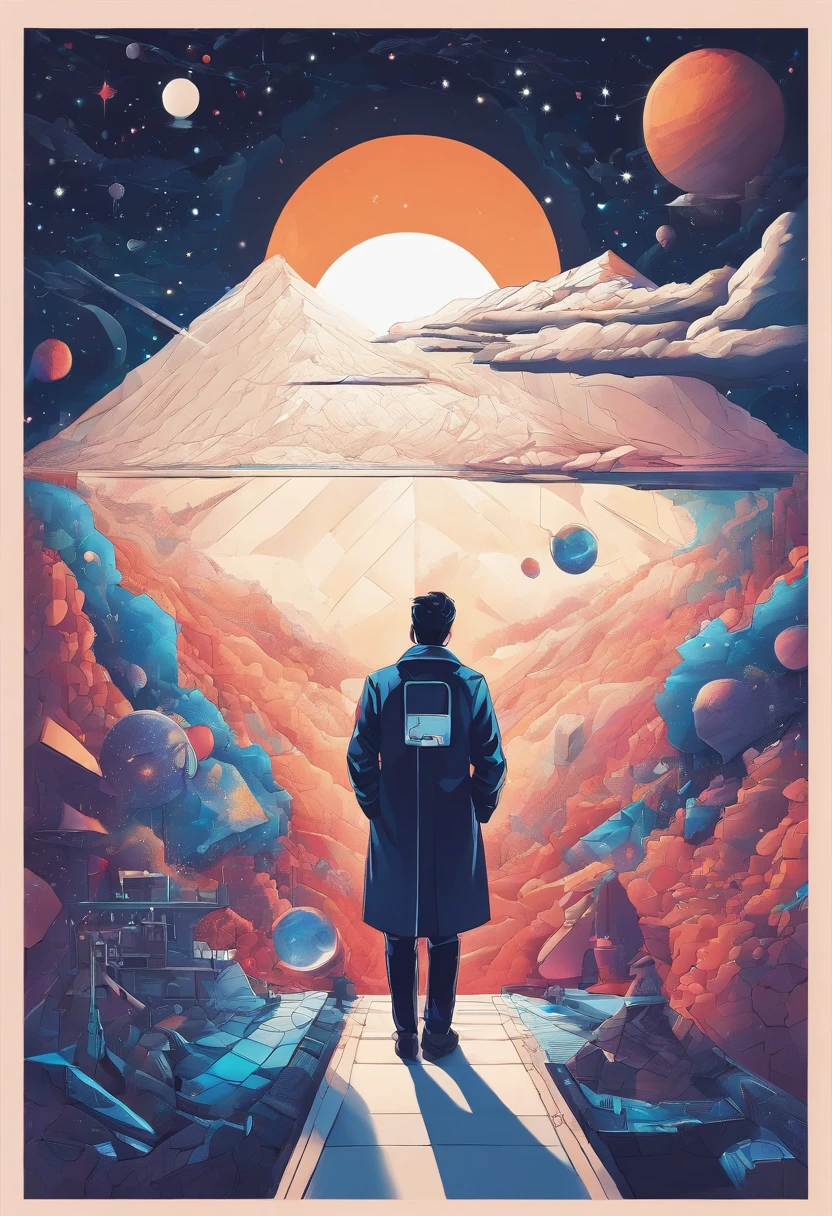 A scientist in a scientific coat turned his back to us,looking at the stars