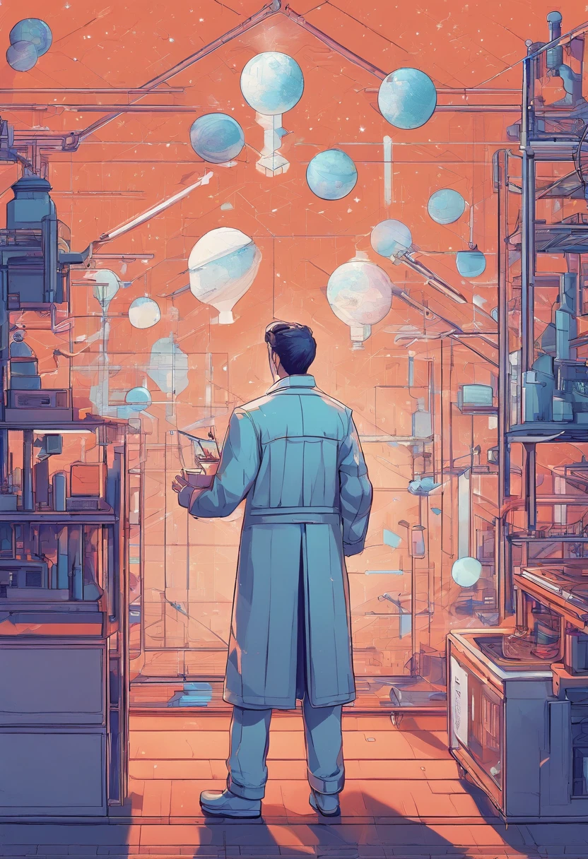 A scientist in a scientific coat turned his back to us,looking at the stars