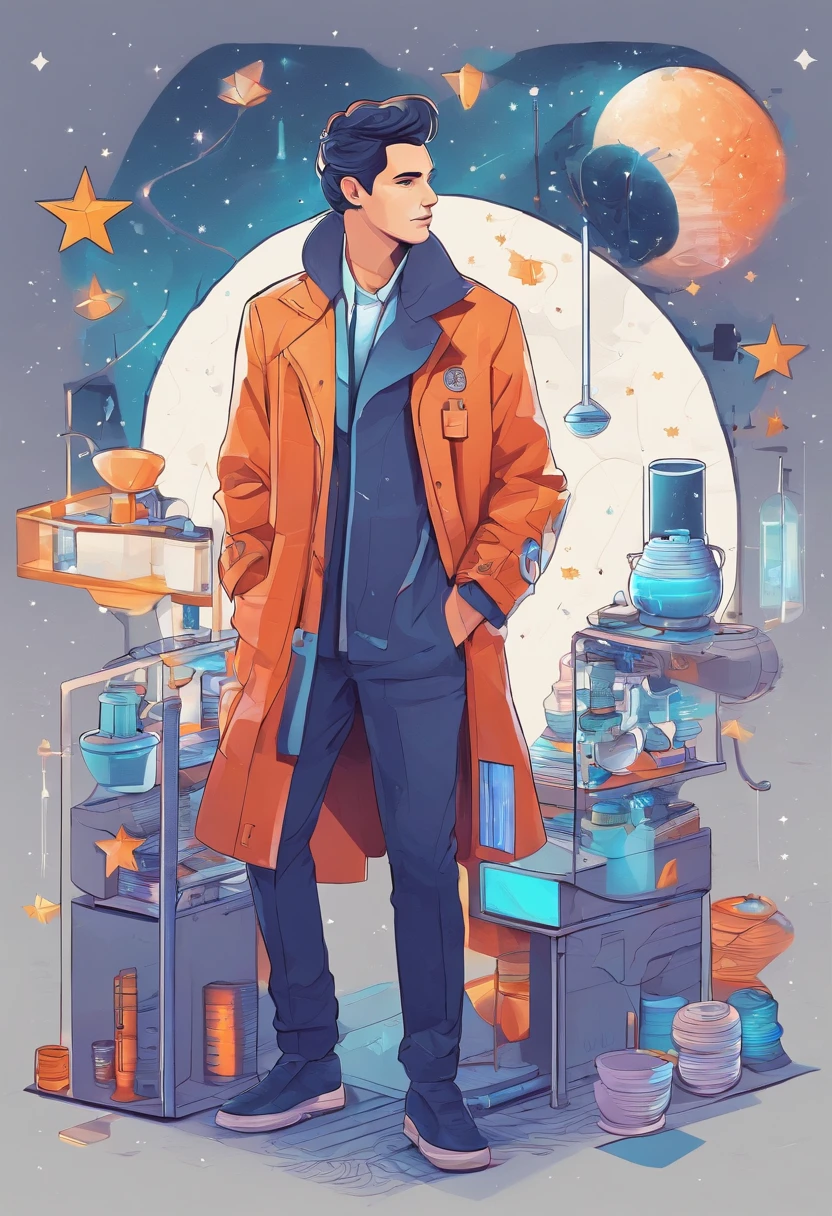 A scientist in a scientific coat turned his back to us,looking at the stars