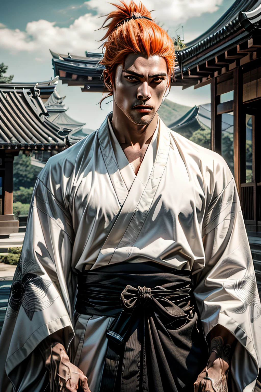 1 male samurai, orange hair, strong muscle, mature and steady, wearing white and black kimono, detailed eyes, detailed face, Pavilion background,no estilo de 0mib, bleach style, 8k