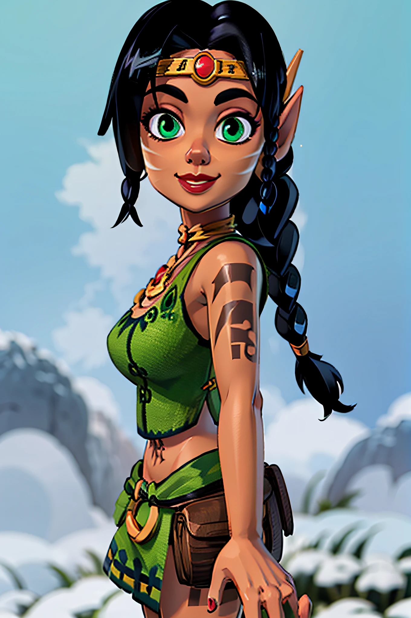 KAMEO, TATTOO,GREEN EYES, ARMLET, POINTY EARS,MIDRIFF, JEWELRY, LIPS, LIPSTICK, LONG HAIR, BLACK HAIR, BRAID, CIRCLET, DARK SKIN, DARK-SKINNED FEMALE, FACIAL MARK, SINGLE BRAID, 1girl, solo, upper body, facing viewer, looking at viewer, smile.