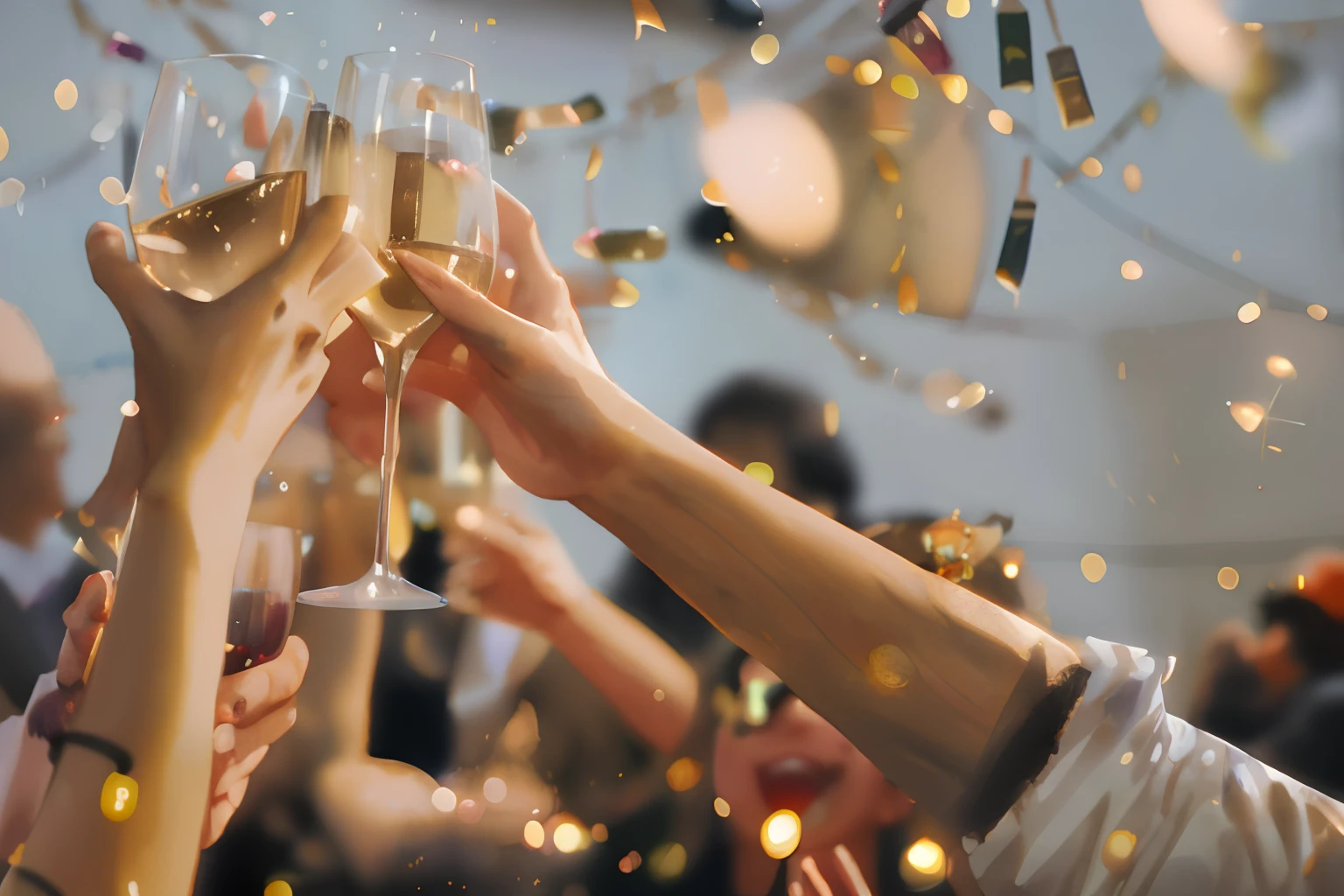 people toasting with champagne glasses at a party with confetti, new years eve, drinking champagne, celebration, cheers, 2019 trending photo, celebrating, intricate sparkling atmosphere, sparkling atmosphere, shutterstock, by Matija Jama, having a good time, party atmosphere, celebrating an illegal marriage, champagne commercial, shiny and sparkling, confetti, pexels contest winner