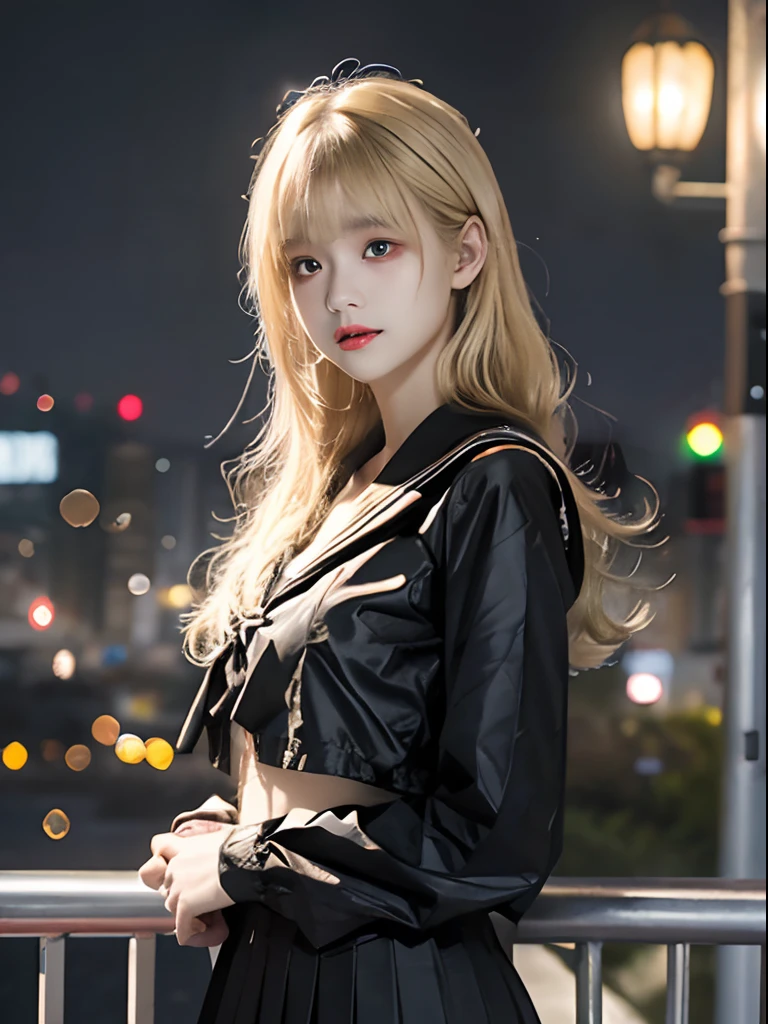 (top-quality), Realistic, (real picture, Intricate details, depth of fields), ((black sailor suit:1.3, no tie, black maxi skirt:1.5, long sleeves)), (age Japanese girl is surrounded by zombies), (standing in Tokyo at late night), (neat face, Parted lips), (blonde wavy hair, long hair, short bangs), (Fair skin), navel, night time, darkness, (zombies:1.2)