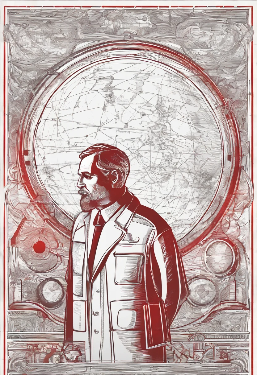 A scientist in a scientific coat turned his back to us，looking at the stars，hard core，Technologie，Red monochrome,USSR Poster,urss,communism