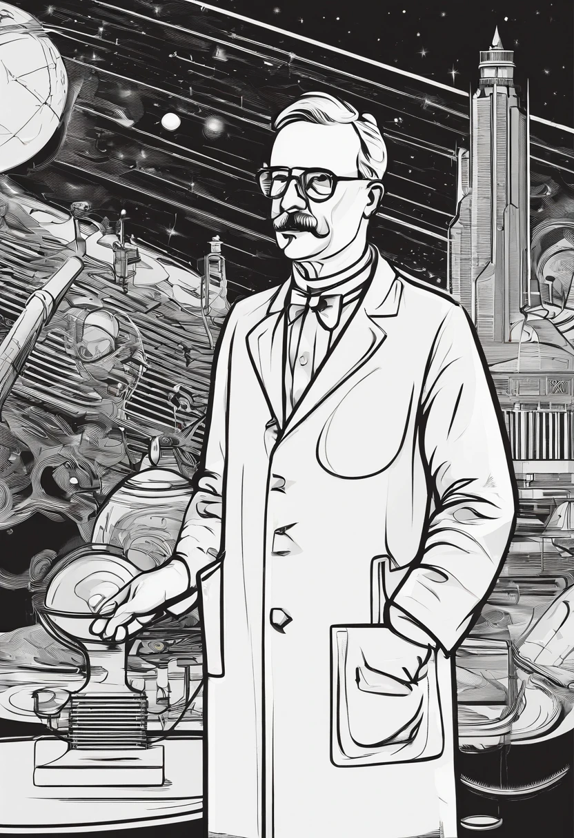 A scientist in a scientific coat turned his back to us,looking at the stars,hard core,Technologie,Red monochrome,USSR Poster,urss,communism