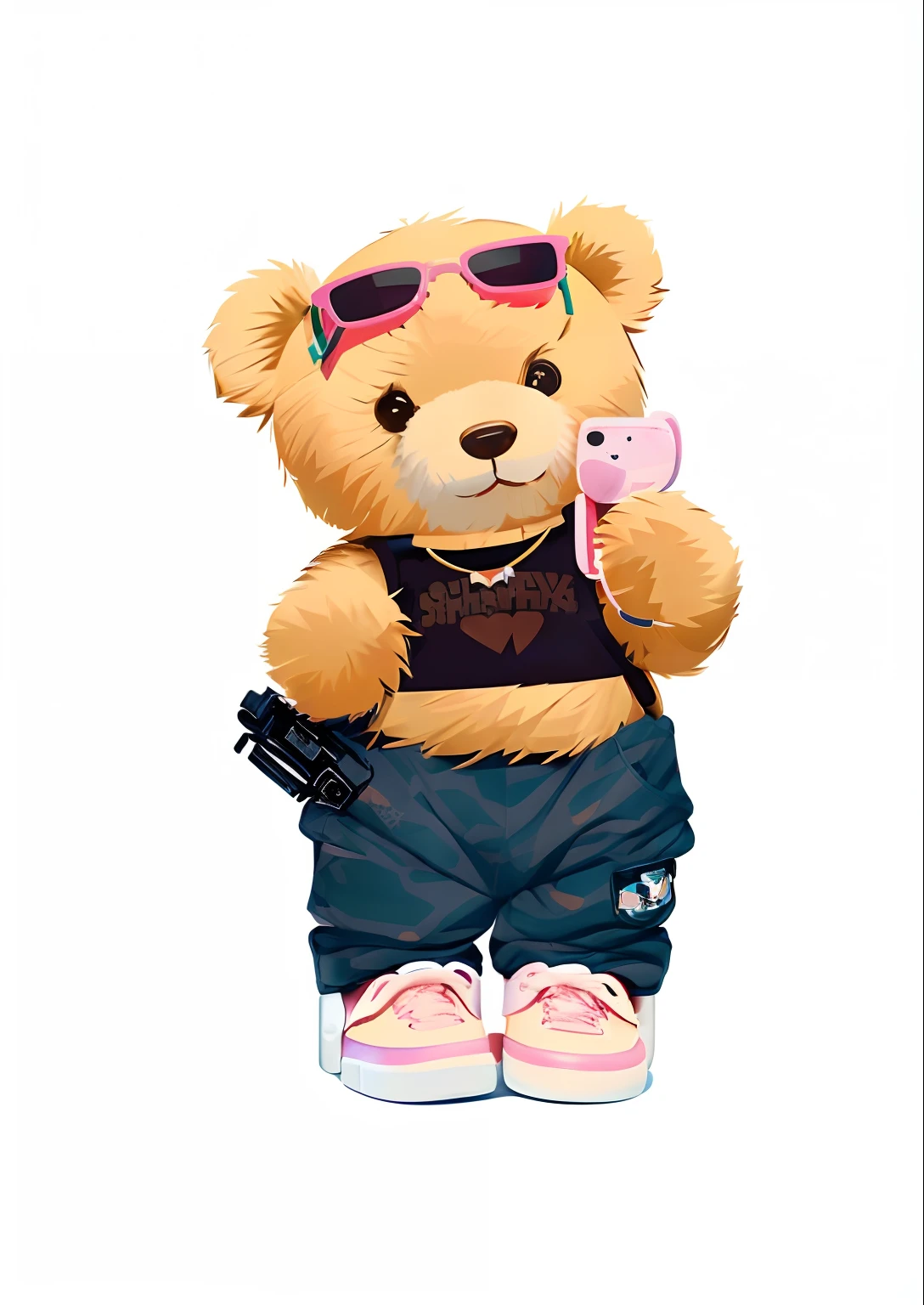 There is a teddy bear wearing sunglasses and holding a mobile phone, teddy fresh, ( bear wearing sunglasses, toy bear, cardboard cutout, Teddy bear with gun, Full body illustration, looking heckin cool and stylish, She is seen wearing streetwear pieces, Street attire, full body mascot, bad bunny, portrait of anthropomorphic bear, fullbody or portrait