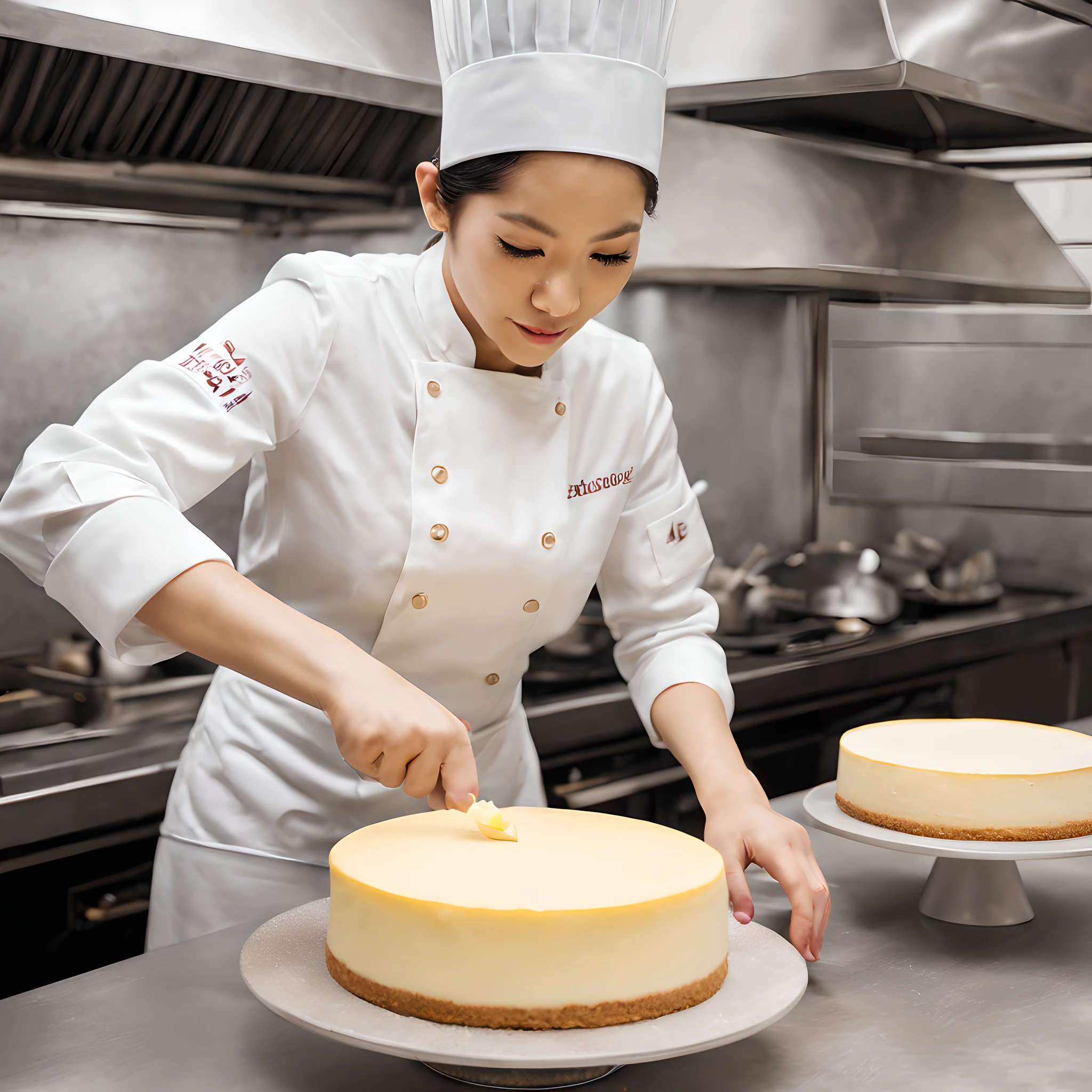 Pastry chef baking cheesecake、Female Pastry Chef、bionde、２０generation、kitchens、