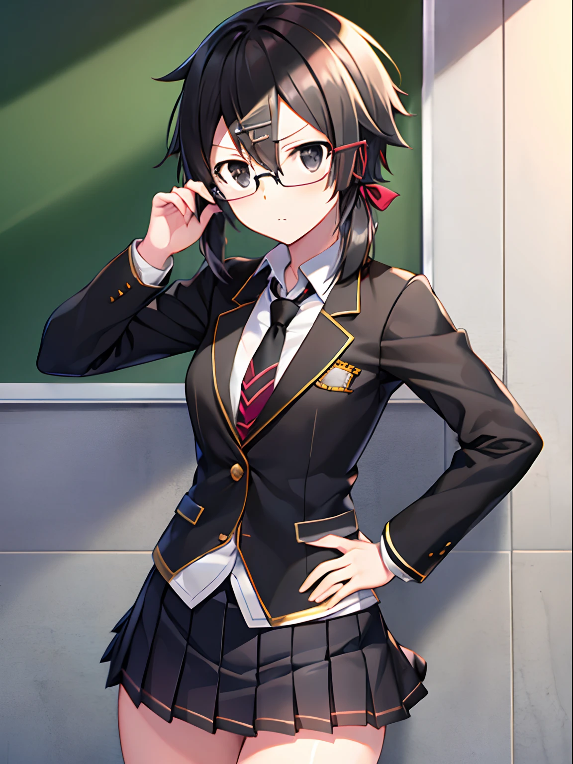 shino asada, (black eyes:1.5), black hair, hair between eyes, hair ribbon, short hair, sidelocks, glasses, hairclip, blazer, black jacket, black skirt, jacket, necktie, pleated skirt, red necktie, ribbon, school uniform, skirt, tress ribbon, serious, hand on hip, shiny pupils, eyelash, skinny legs,