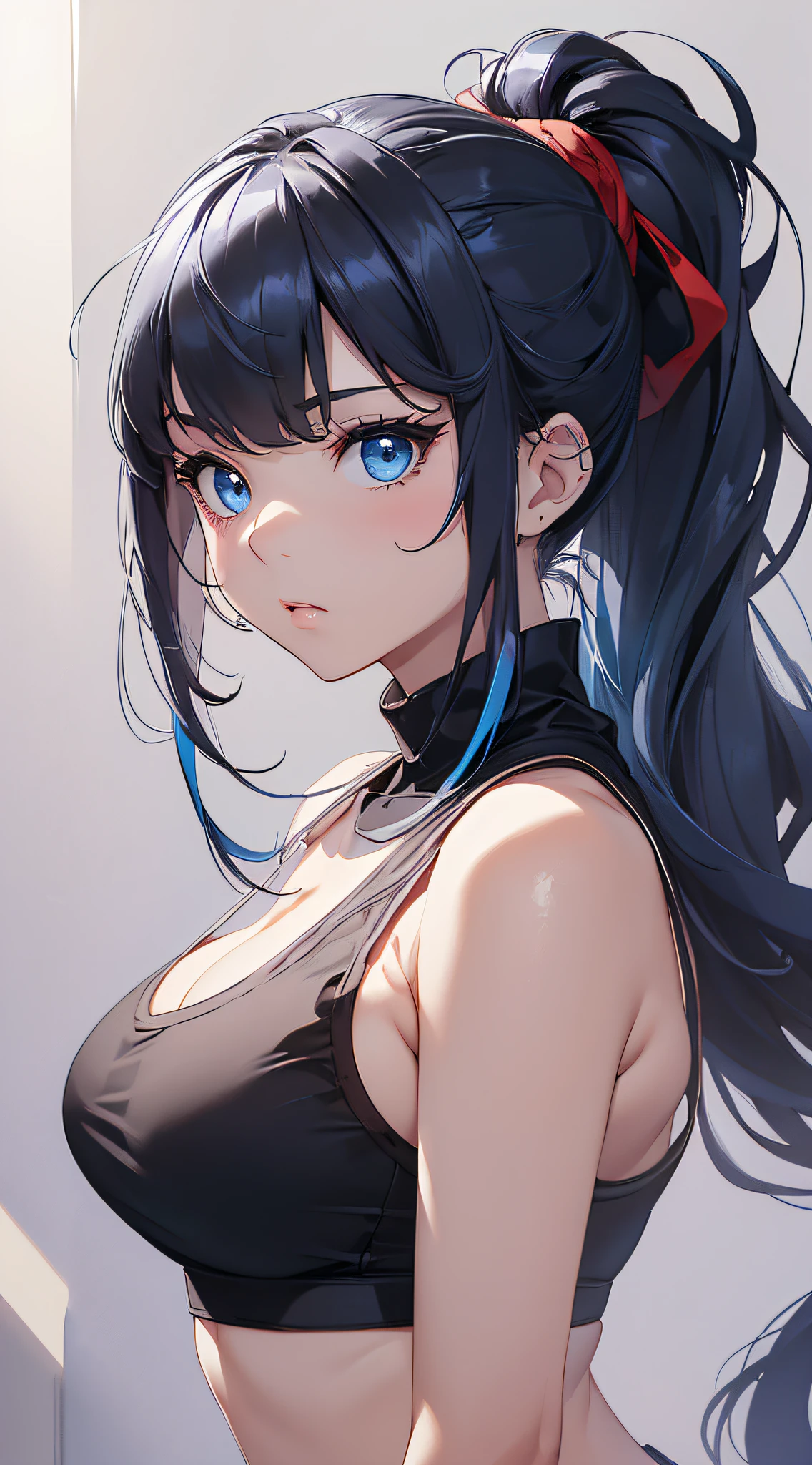 top-quality、Top image quality、​masterpiece、girl with((cute little、18year old、Best Bust、Medium bust、Bust 85,Beautiful blue eyes、Breasts wide open,Ponytail with black hair、A slender、Blue hair mesh、Black bandana、Red Sports Bra、Black Doshi、fighting poses、angry looking face)）hiquality、Beautiful Art、Background with((Large white room、White lighting)),masutepiece、Elaborate design、visualart、depth of fields、The best lighting、highestdetailed、8ｋ