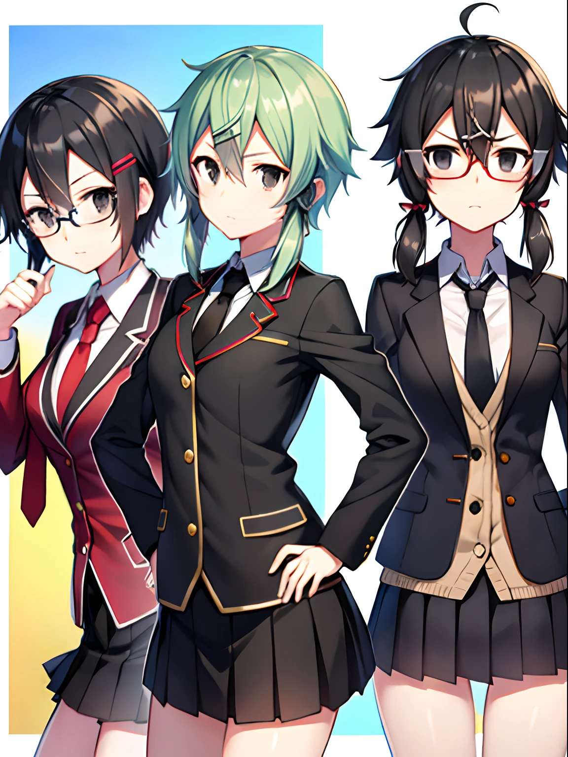 shino asada, (black eyes:1.5), black hair, hair between eyes, hair ribbon, short hair, sidelocks, glasses, hairclip, blazer, black jacket, black skirt, jacket, necktie, pleated skirt, red necktie, ribbon, school uniform, skirt, tress ribbon, serious, hand on hip, shiny pupils, eyelash, skinny legs,