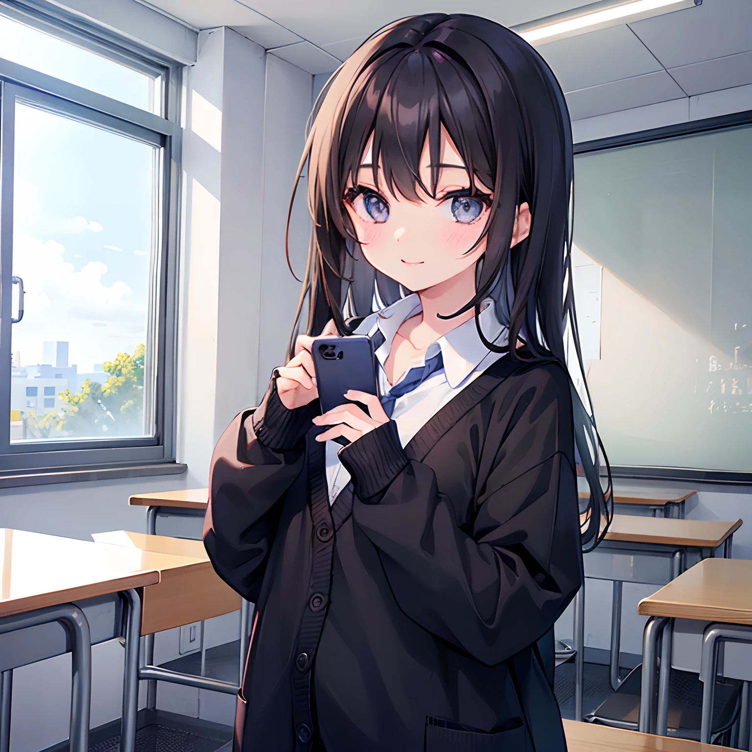 girl with、1 persons、18year old、Dark hair、Black eyes、length hair、Big smile、Smaller chest、Pupils、校服、Cardigan、Schools、Classroom、Smartphones