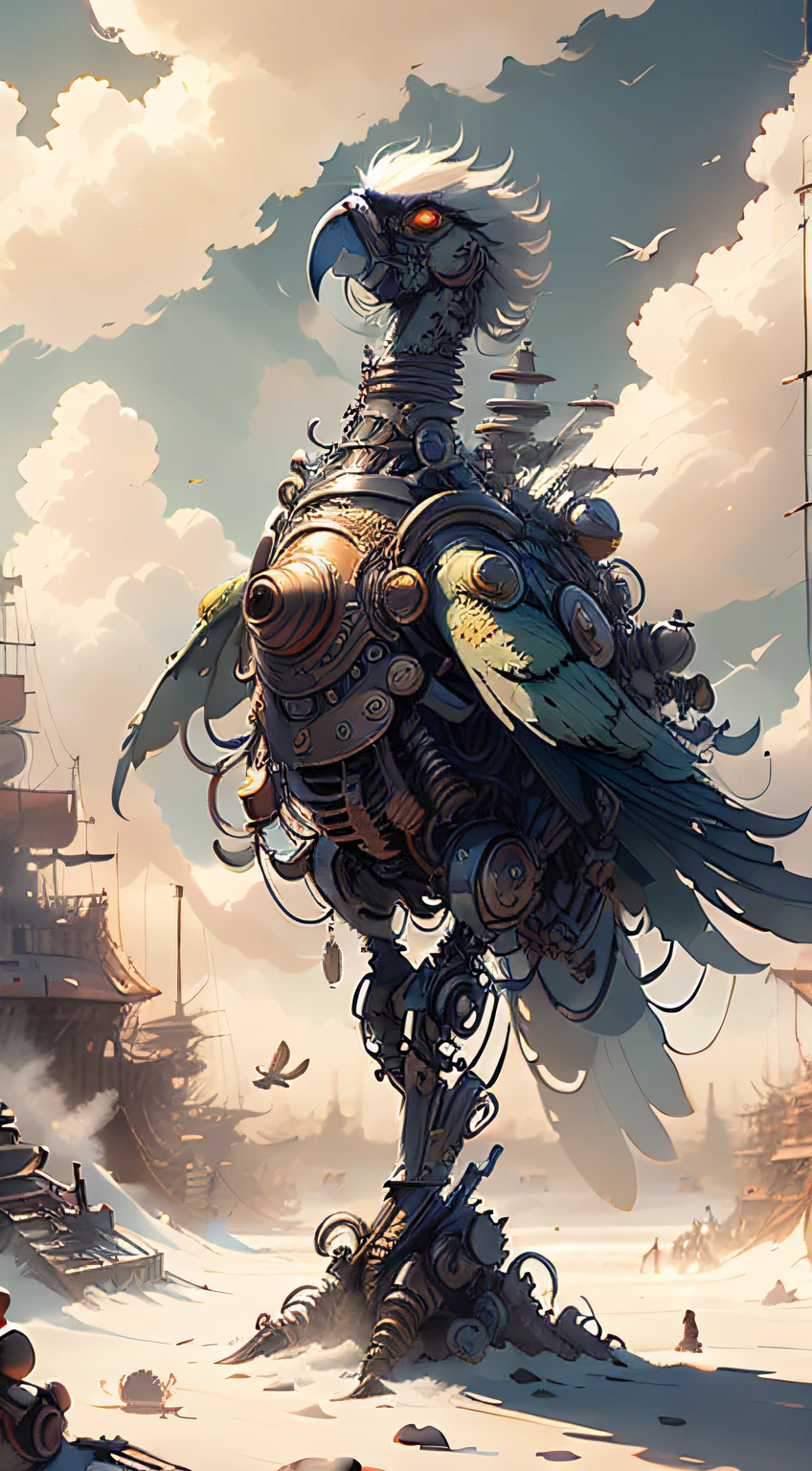 (((Best quality))), ((Ultra-detailed)), ((illustration)),,mechs，parrots.steampunc，Wind,SteamPunk