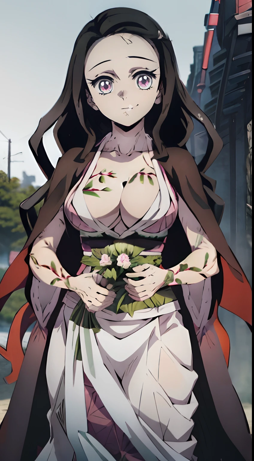 erotica, Very beautiful composition, nature in the background, Extraordinarily beautiful composition, can be seen in full growth, ultra sharp image, Beautiful figure, Gloomy sexy pose background, stands sideways, ultra detail face, Ultra Transparent, Nezuko Kamado from Demon Slayer, ultra sharp image, Ultra Beautiful, beautiful breasts. black  hair, Transition to red, Beautiful figure, taut clothes, black cape on pink kimano, Smiling, green colored eyes, handsome body, sexy clothes, Beautiful eyes, very detailed eyes, Very detailed face, handsome body, Cherecter Desing, Sex position, Very detailed, Detailed body, Detailed hands, Detailed, Vibrants, Detailed Face, sharp-focus, WLOP, artgerm, anime art, Vibrants, Detailed Face, Hugh Details, sharp-focus, Very drooping face, A detailed eye, super fine illustration, better shadow, finely detail, Beautiful detail