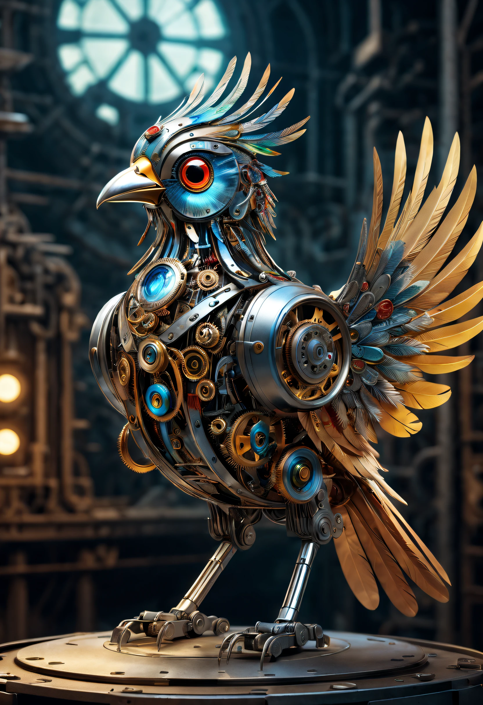 best quality,ultra-detailed,realistic:1.37,mechanical bird,metallic feathers,shining eyes,multicolored wings,precision-shaped gears,mechanical beak,steam emitting,mechanical ,artificial intelligence,robotic movement,masterpiece:1.2,sci-fi,chromatic color scheme,dimly lit scene,industrial background,highly detailed feathers,exquisite craftsmanship,mechanical chirping sound,magical realism.
