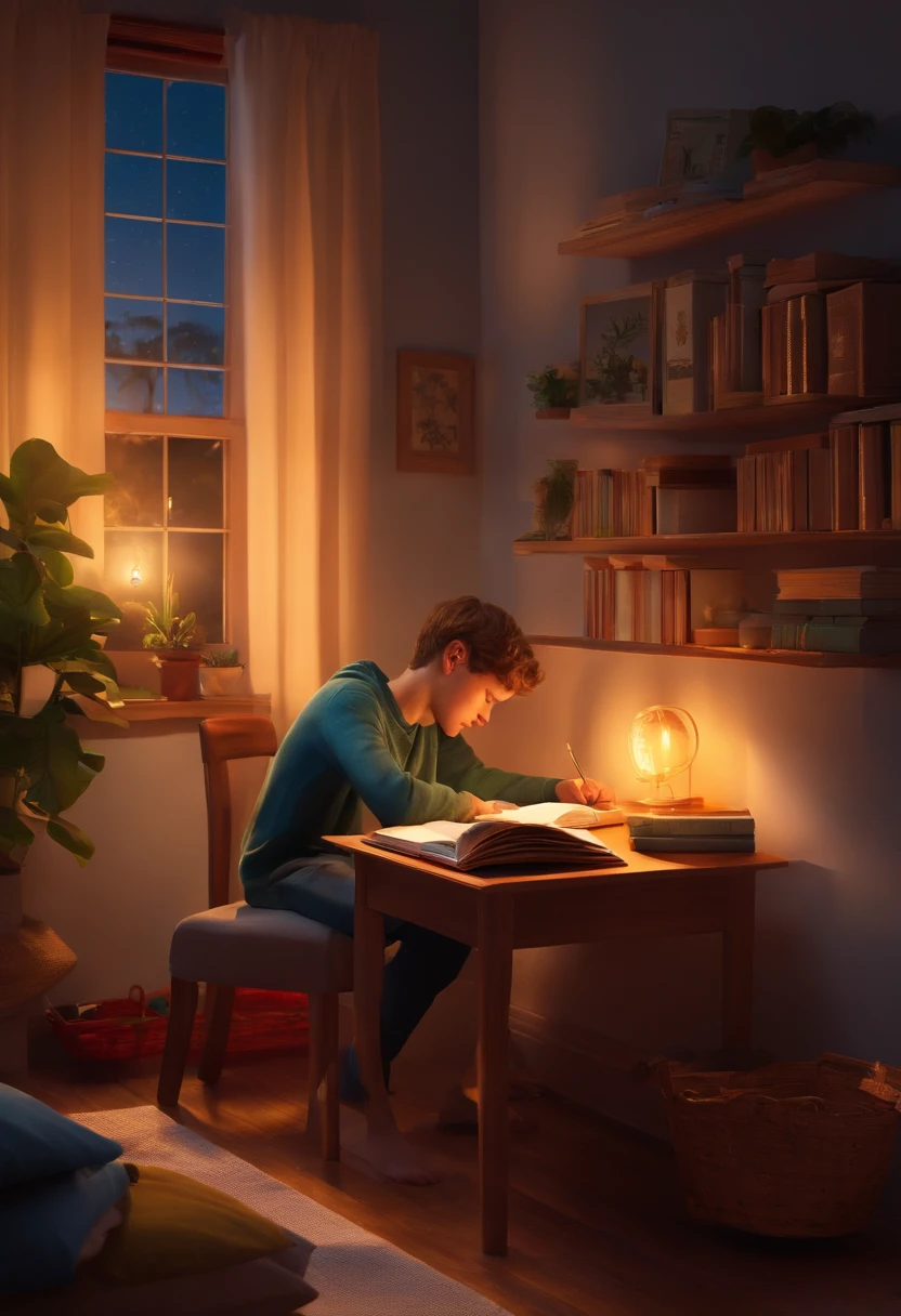 Boy studying in bedroom during a summer night