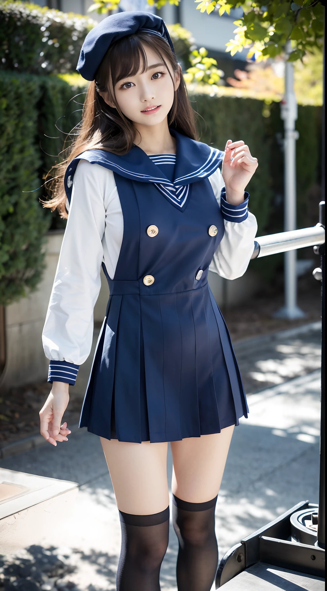 mix4, (16 K, Raw photography, Top image quality, ​masterpiece: 1.45), (realisitic, Photorealsitic: 1.37), one girls, Random hairstyle、Standing figure，Morning time slot、a very cute,a park,, profetional lighting, photon maping、physically-based renderingt, Gradient dark brown hair,, a handsome, Well-groomed and beautiful eyes、Large double eyelids、Very shiny、girl with, (((student clothes、Winter clothes、Sailor suit worn by Japan girl、Navy blue sailor color、scarf、a miniskirt, Small beret、high socks、lowfers))), Top Quality Photos, hight resolution, 1080p, (clearface), (Detailed face description), (Detailed hand description), (​masterpiece), (Exquisite CG)、extreme light and shadows、dishevled hair、master work、abundant detail、(Fine facial features)、(top quality photo)、(masuter piece)、(A detailed eye)、Looking at the camera、Fine clavicle、((Slender big))、(((Japan schooln sailor suit)))、((Ready Idol System))、((a park、Slide、The fountain、seesaw))、(((neat and cute)))、耳Nipple Ring、A big smile、Drawing the whole body from the knees、Do not draw nasolabial folds、(((Cute sailor suit)))、(Big breasts that hang down big:1.4)、Big buttocks with tension、Two arms and two legs、(((from the front side:0.2)))、bare hand、No mask、
