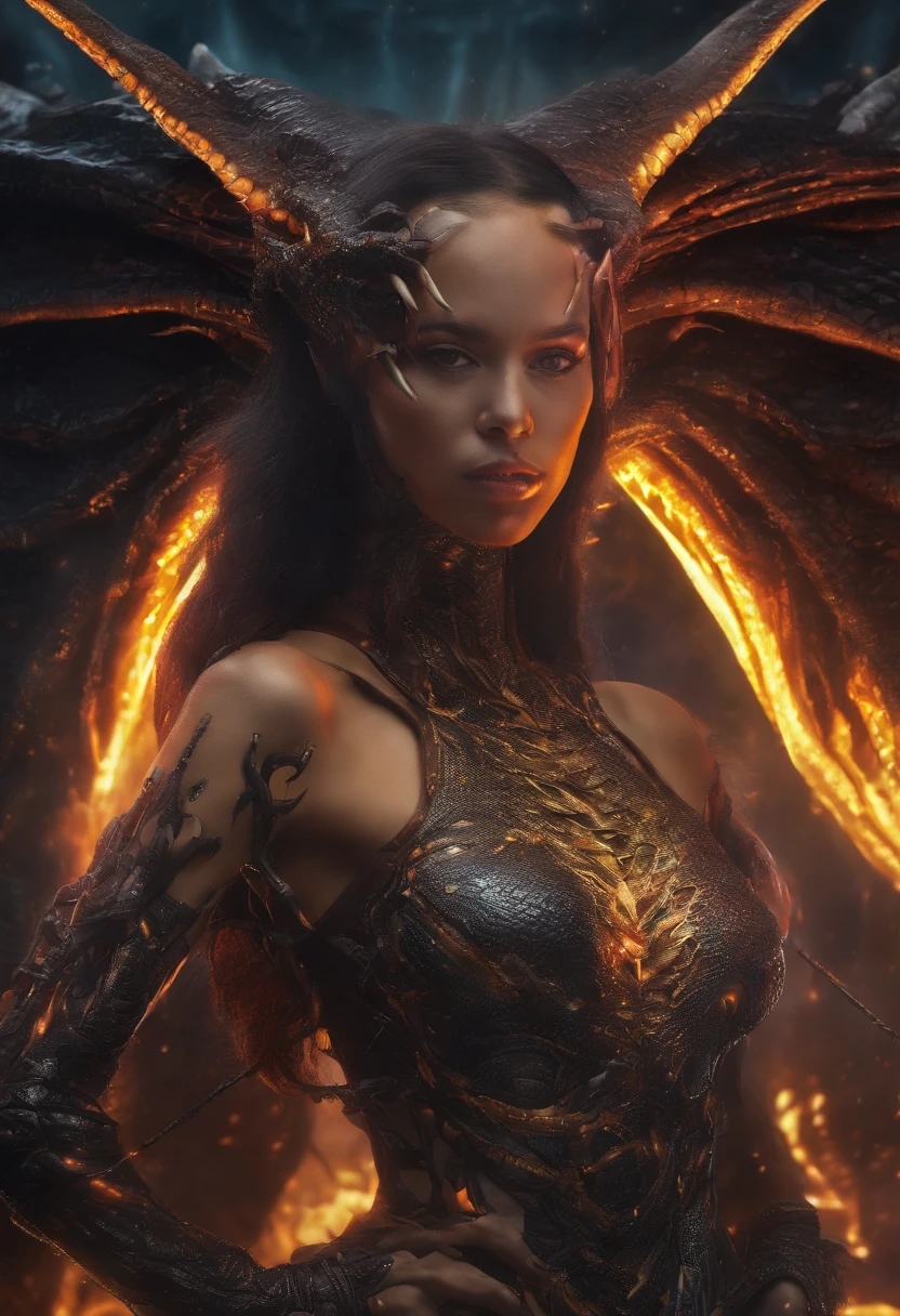 Caucasian woman, dragon scale skin, dark weaved hair, yellow eyes, long hair, dragon horns, hyper realistic, 4k, masterpiece, beautiful, facing the viewer, full body shot, ((tanned skin)), exposed breasts, exposed waist,  fire tattoo on stomach below belly button, dragon tail, dragon wings