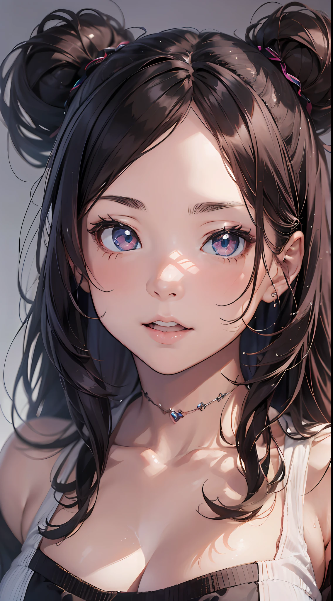 ( Absurd, High quality, ultra-detailed, masterpiece, concept art, smooth, highly detailed artwork, hyper-realistic painting )beautiful eyes(eyes detailed),1 pretty girl, Rose with pink, yellow, and blue color, Rainbow, dreamy, clouds, Vivid, fantasy