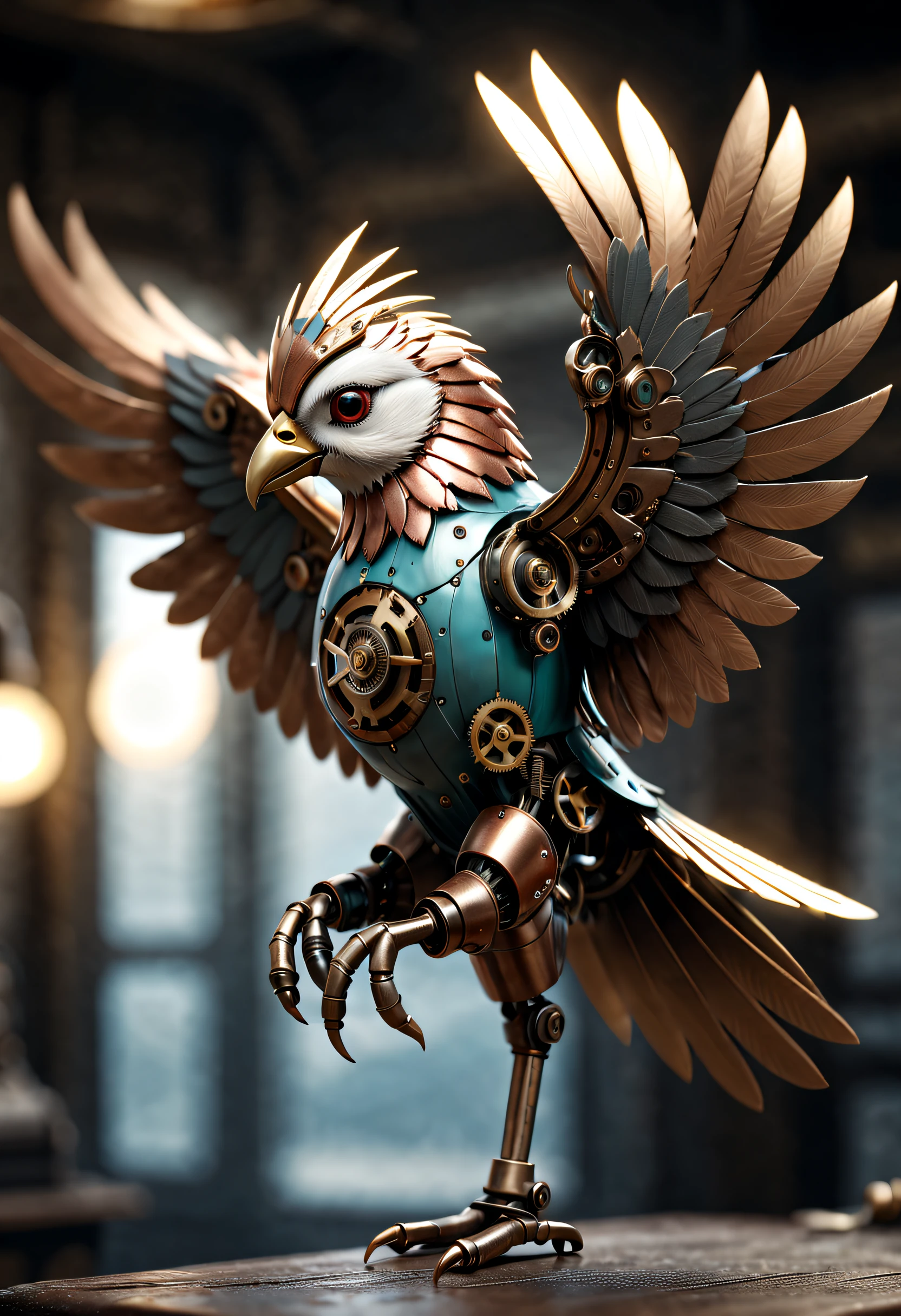 A mechanical bird,(best quality,4k,8k,highres,masterpiece:1.2),ultra-detailed,metallic feathers,precision gears,moving wings,whirring motors,[clockwork],[steampunk],vivid colors,reflective surface,subtle shadows,soft backlighting,natural environment,copper accents,graceful flight,sharp focus,physically-based rendering,delicate design,subtle textures.