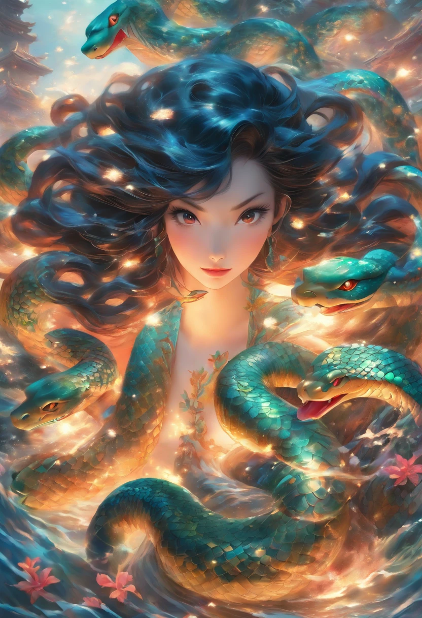 ultra-realistic image, white colors, HD image, Mythology, dynamic poses, Chinese Woman, human, long black hair, snakes (mermaid: 1.2), (elongated snake tail: 1.3), scales texture, bright lighting, image is sharp, meticulous details, Chinese painting style, Shui Mo Hua, Thangka Style, aesthetics, Beautiful image, depth of field, centered on the canvas