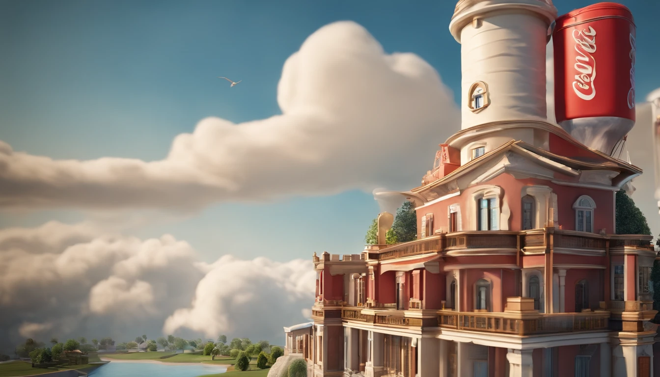 3dchangjing,3dchangjing(\style\),A 3d image of a tower with lipstick, a school bag, a milk tea cup, a cartoon,sky, cloud, day, scenery, no humans, blue sky, outdoors, tower, water, cartoon,constructions,