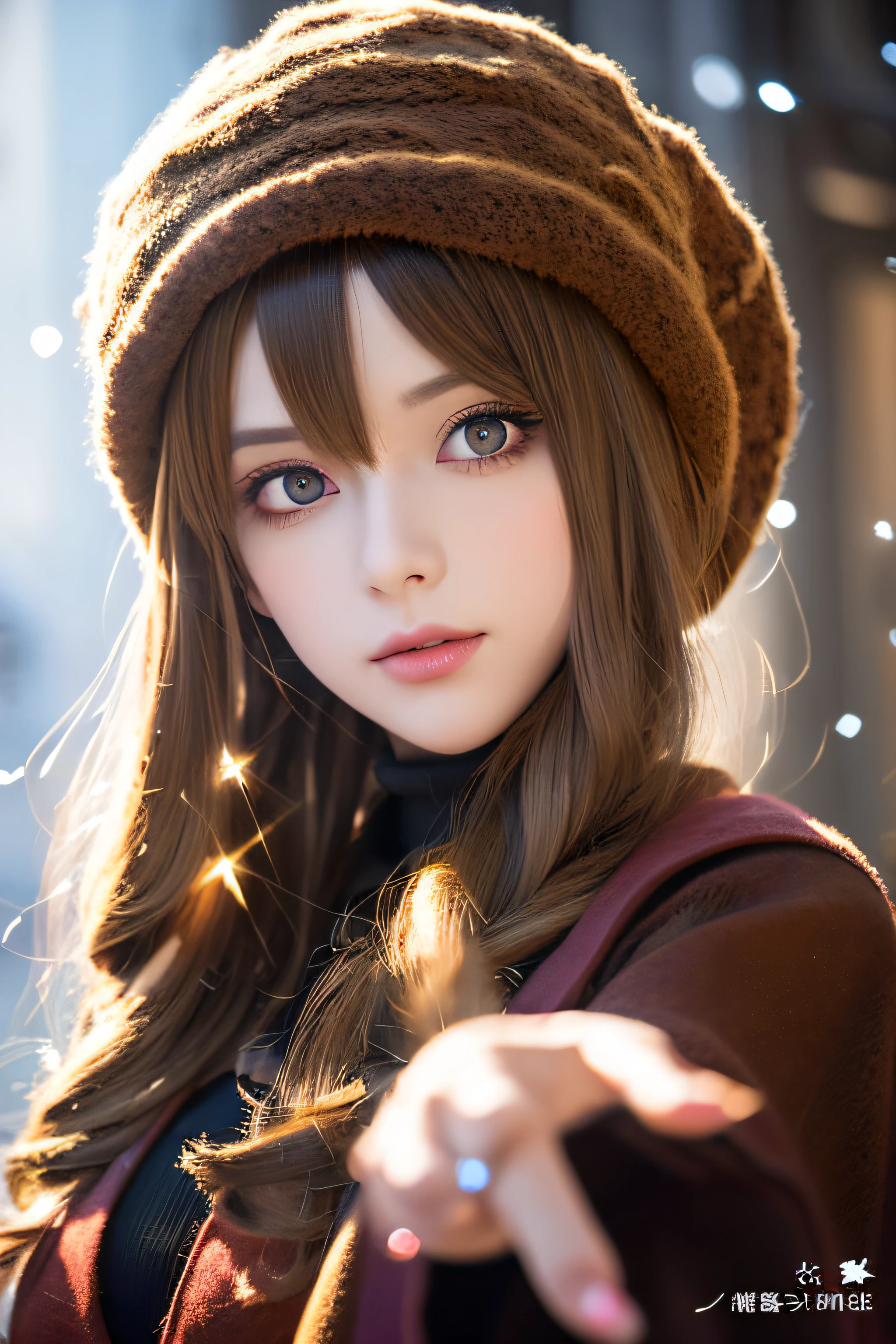 Starry eyes, It looks even more beautiful than immortal, Ahoge, hair, star-shaped pupils, Amber eyes, colored contact lenses, blush, high detailing, Anime, romanticism, Modern, Gothic art, Anime style, Film Lighting, Ray tracing, Motionry, close-up, Sony FE GM, nffsw, high detailing, of the highest quality, 8K, Big breasts, light brown hair, hat, Twin-tailed, Clean fingers, Well-formed fingers, Long jacket, bow ribbon, mystery, knit hat, Snow, irate, impatience