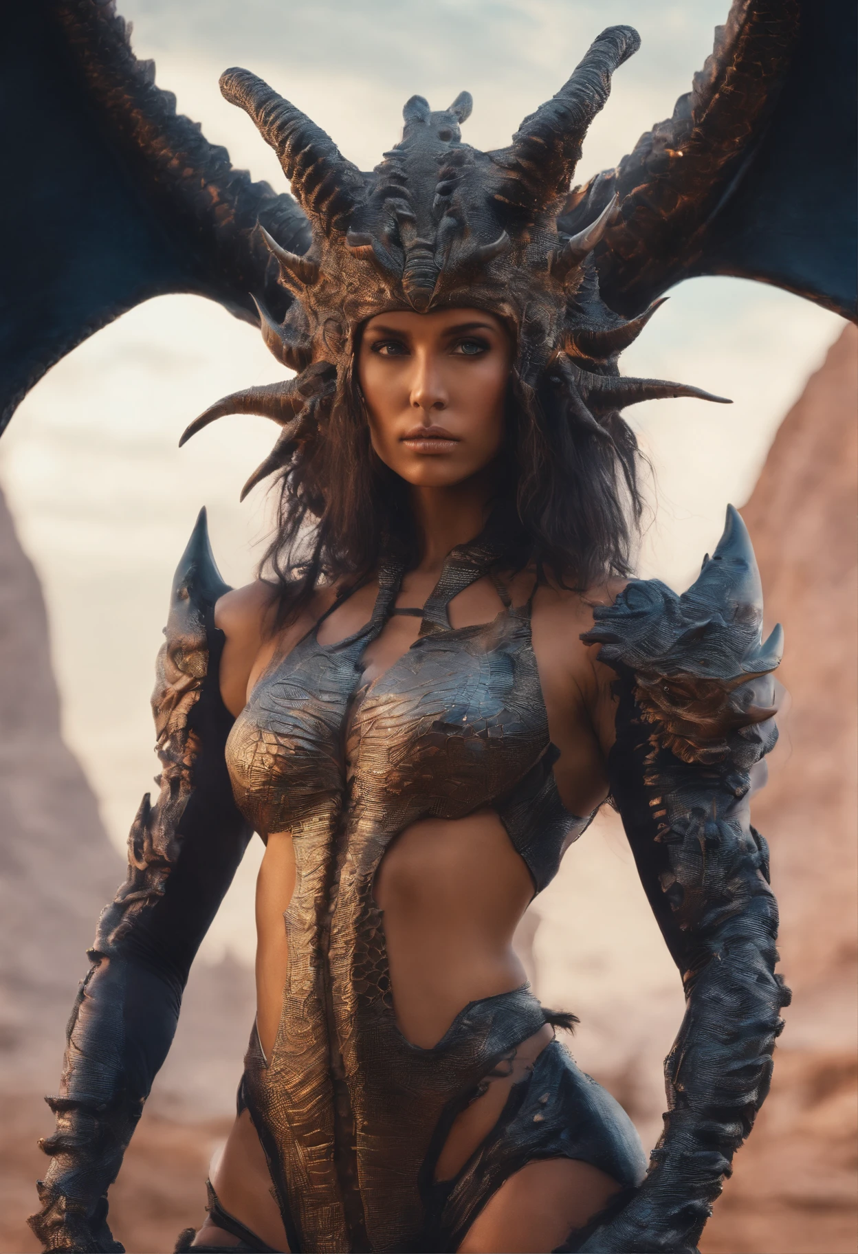 Caucasian woman, dragon scale skin, dark weaved hair, yellow eyes, long hair, dragon horns, hyper realistic, 4k, masterpiece, beautiful, facing the viewer, full body shot, ((tanned skin)), exposed breasts, exposed waist,  fire tattoo on stomach below belly button, dragon tail, dragon wings
