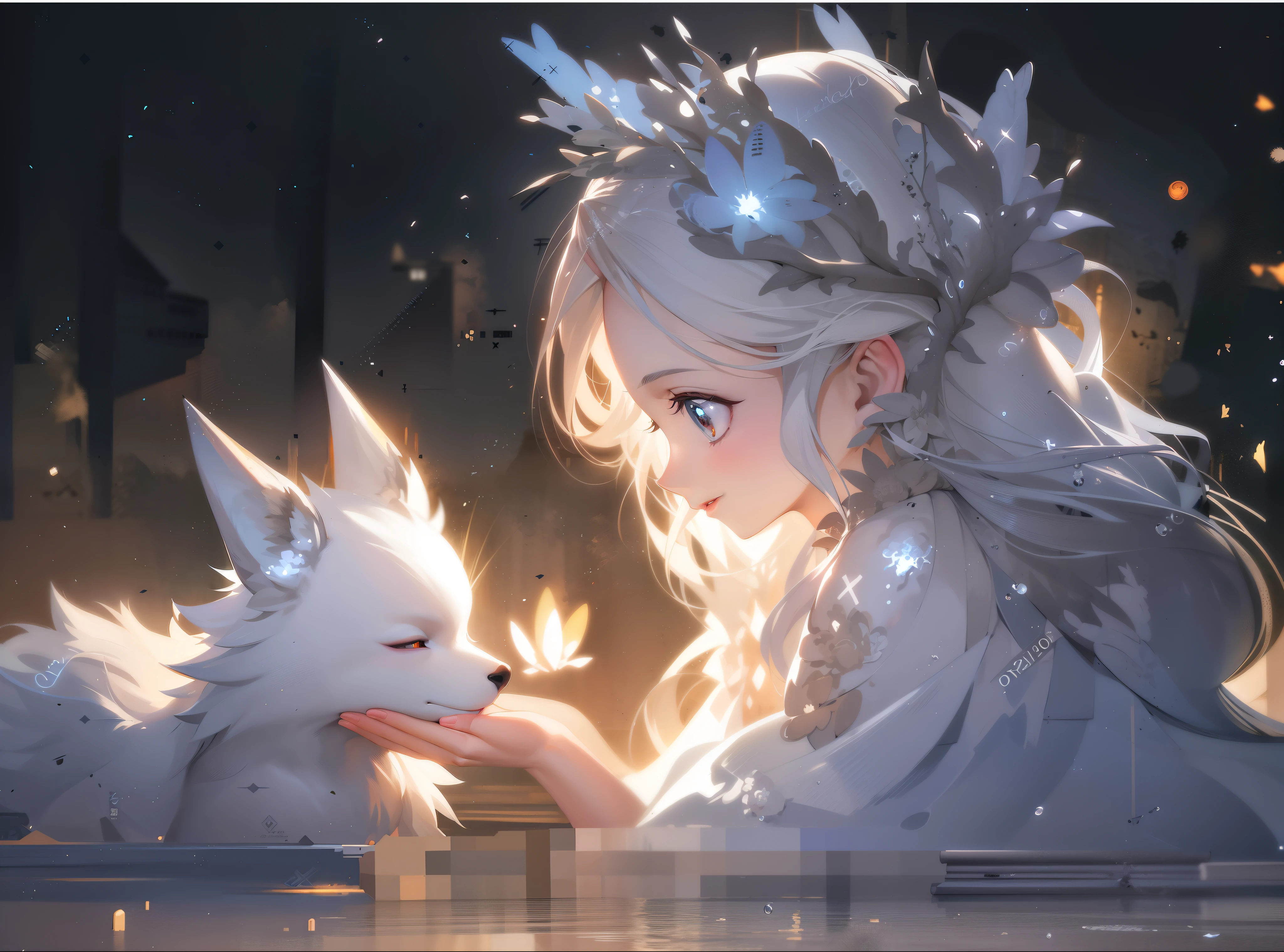 Anime girl with white hair and white wolf, Guweiz in Pixiv ArtStation, Guweiz on ArtStation Pixiv, trending on artstation pixiv, Guviz-style artwork, Digital art on Pixiv, Guviz, White-haired fox, Beautiful anime artwork, Anime art wallpaper 8 K, 8K high quality detailed art, Remove the mosaic