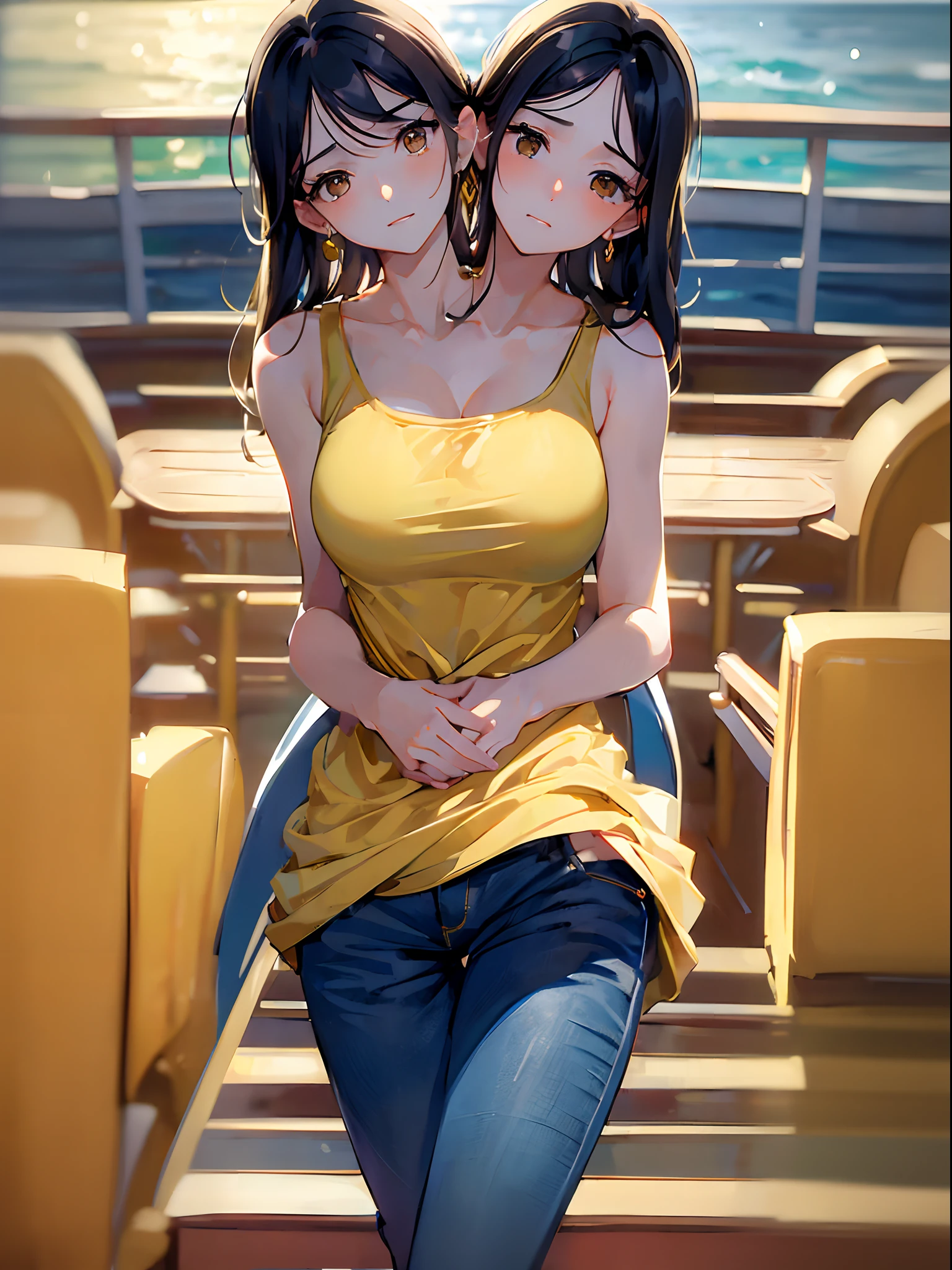 (masterpiece, best quality), best resolution, (2heads:1.5), 1girl, seasick, about to throw up, nauseous, woozy, dizzy, black hair, brown eyes, hands covering stomach, yellow tank top, blue pants, wobbly walking, cruise ship deck
