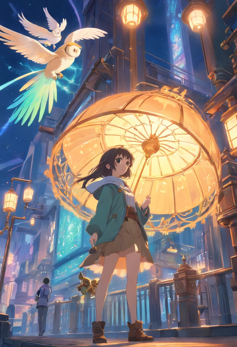 Incarnate ethereal owl, Steampunk, mystical aura, resplendent gas lamps, (Universal alignment, Light manipulation, spectrum infusion, fantastical forge, meticulous creation, exquisite craftsmanship, unparalleled artistry, otherworldly essence, sublime realism, cinematic enchantment), Mech Enchantress