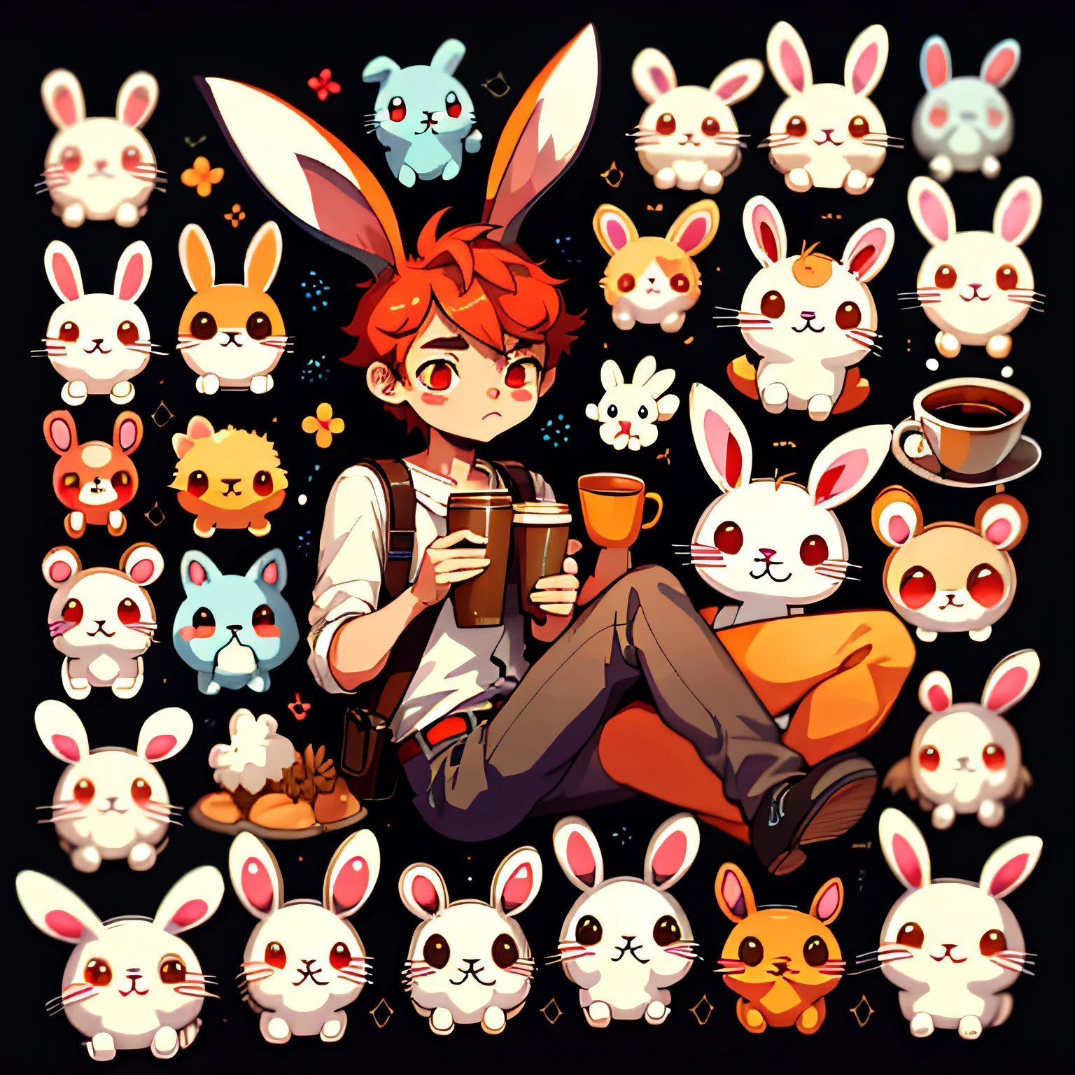 a sticker，bunny\（organism\），Libido boy，simple backgound，Cartoon Cute，full bodyesbian，Red eyes，Coffee-colored hair