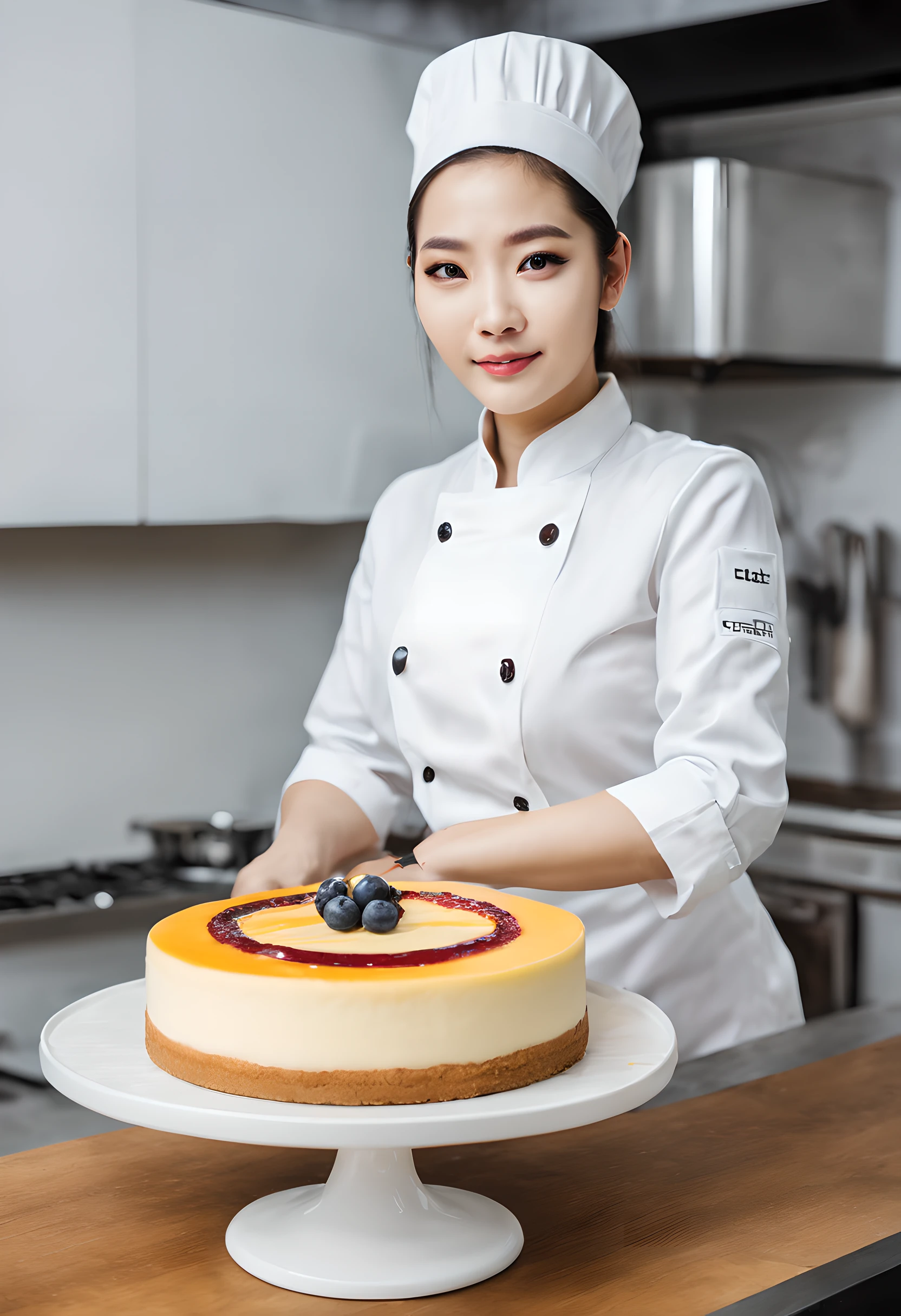Pastry chef baking cheesecake、Female Pastry Chef、bionde、20generation、kitchens、bule、Glamour、Beautie、