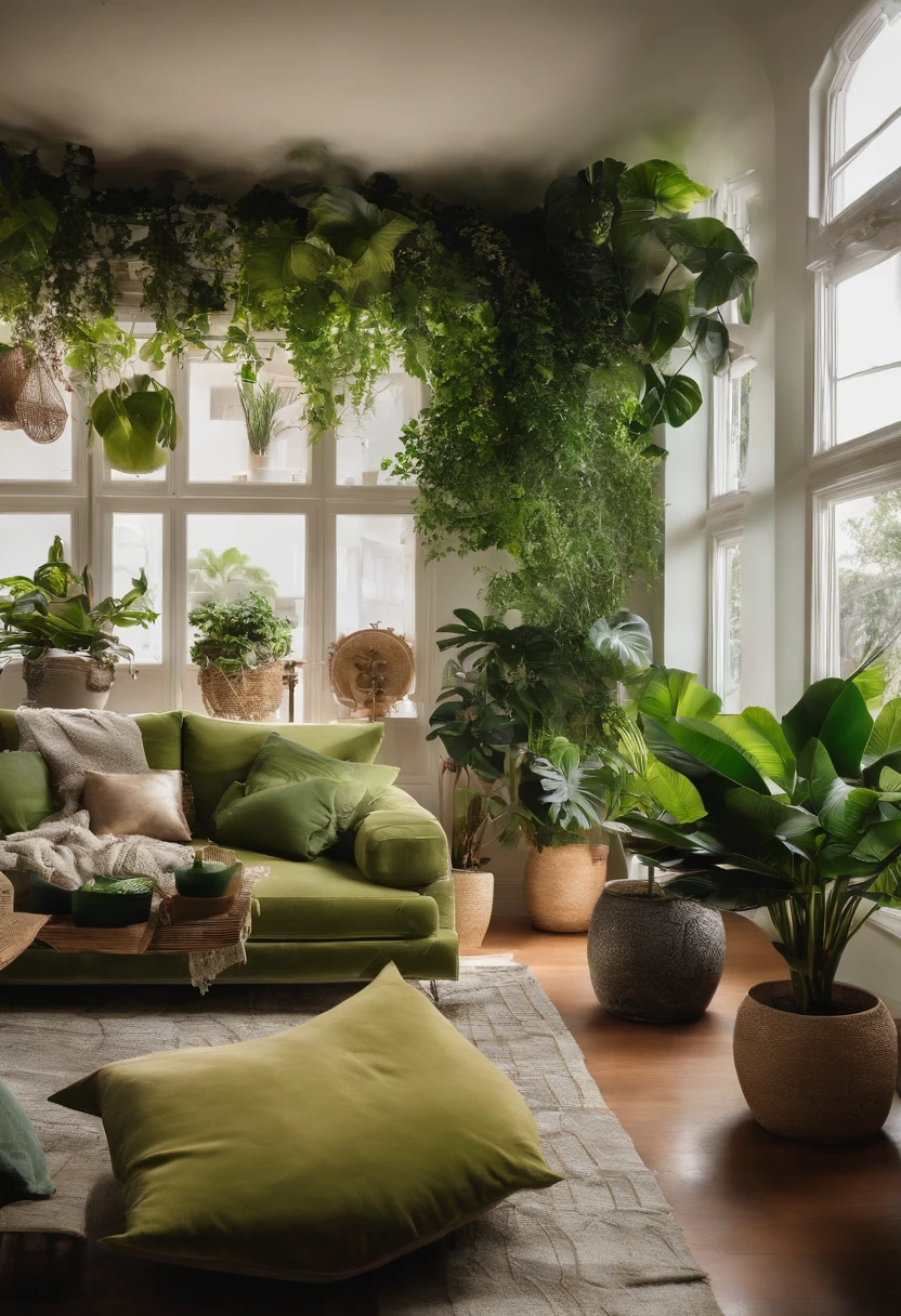 Crie uma imagem que represente uma sala bem iluminada e aconchegante, decorada com plantas de interior exuberantes. As plantas devem estar estrategicamente posicionadas em vasos coloridos, adicionando um toque de verde e frescor ao ambiente. A imagem deve transmitir a ideia de serenidade e tranquilidade, Highlighting the balance between nature and décor.