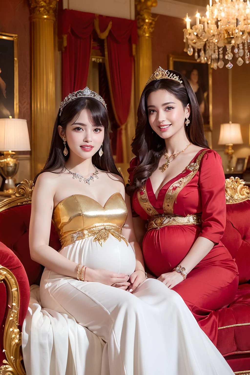 (((More than 15 Japan princesses,A group of princesses are lined up facing us,Line up facing this side and take a group photo,Turn to this,facing front,directly in front、Arrange commemorative photos,Group photo of many princesses,All women,Everything is a gorgeous princess,All are pregnant,Gather at the palace for a group photo,Flock of Princesses,Large group of princesses))),((Line up with the royal family for a group photo,Glamorous pregnant woman group,Everyone is the most beautiful face,The most intricate and gorgeous decoration of all,Everyone's biggest smile,All Girls,Look at the camera,huge smile,beautiful smiling face,Pregnant,Very big belly,The most massive finest tiaras,Huge top-of-the-line costumes,Huge costumes)),((Best Quality,masutepiece, The most majestic and gorgeous decoration on the planet,Huge golden decoration,Golden decoration on the whole background,Solemn decoration,Decoration of the king,Detailed chest,large full breasts,Intricate details,Photorealistic, Cinematic lighting)), (Frontal:1.2),(royal, An majestic, queen, empress, diadems, Frontal close-up, Pedras preciosas, god rays, Gold and red and white dress、high-definition RAW color photography, professional photograpy, extremely delicate and beautiful, Extremely detailed,finely detail, Huge file size,Top image quality,8K,Photos taken with a single-lens reflex camera,best qualtiy、masterpiece、detaileds、intricate-detail、Photorealsitic)