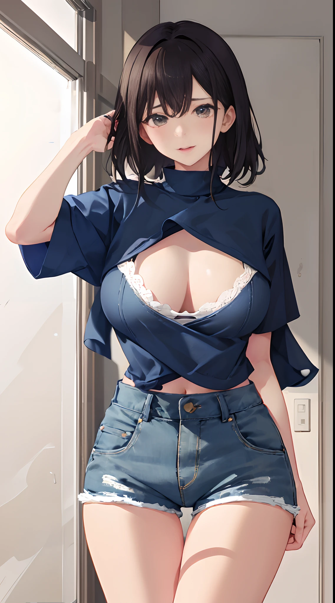 4k高清,1girll, 独奏, She wears lace lingerie,Wear blue denim shorts,Exposing thighs,Large of breast,Perfect hands,Body sweating,Black color hair