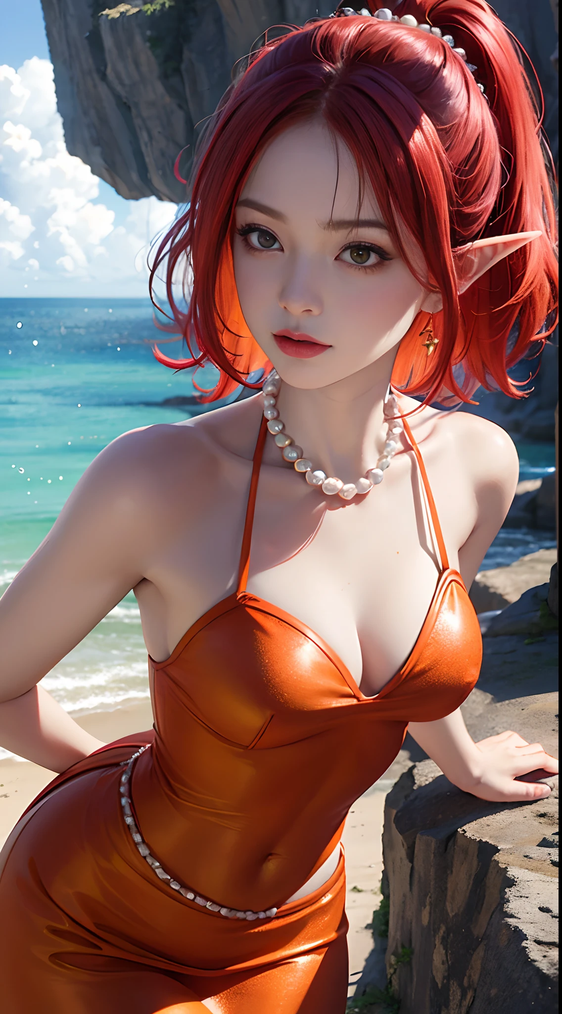 young Noriko Sakai, blazing crimson red hair, masterpiece, best quality, photorealistic, long pointy elf ears, glowing green sparkly skin, soft lighting, bodycon, voluptous, cleavage, windy cliff, sunny backlighting, bloom, light sparkles, sharp focus, colorful crimson liquid gel shower, succubus cosplay, close up, fashion designer, respledent tiny skull pearls, halloween pumpkin, baroque, in the style of Victor Ngai